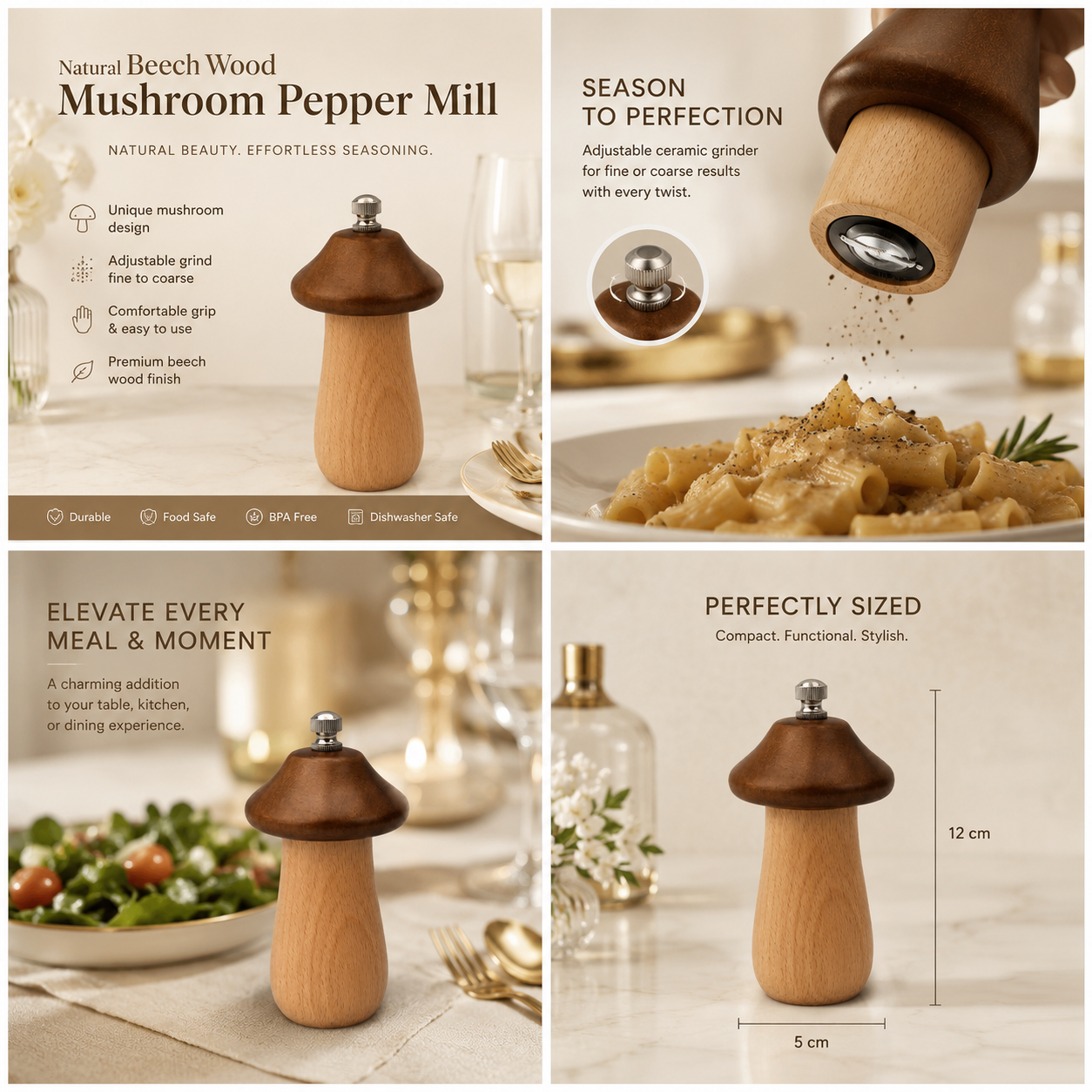 Natural Beech Wood Mushroom Pepper Mill with Adjustable Grind Control-12 cm