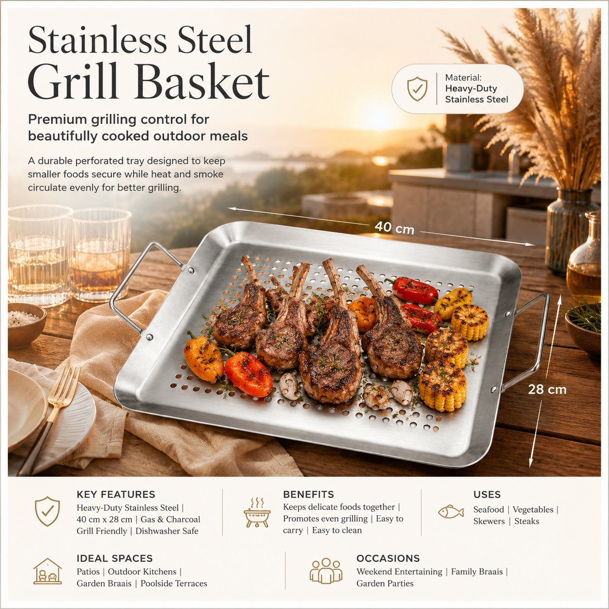 Heavy-Duty Stainless Steel Grill Basket with Handles for Braais – 40 x 28cm