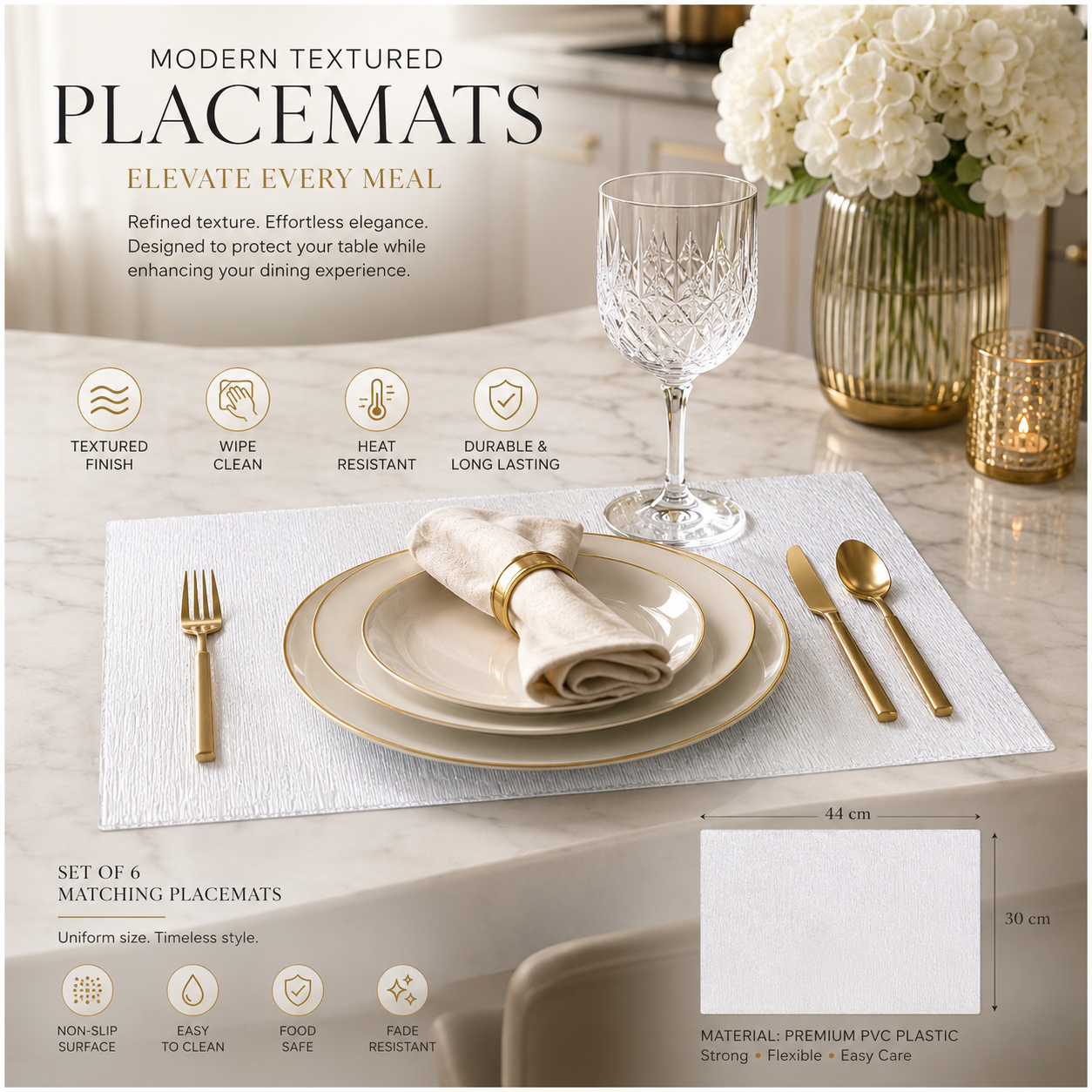 Elegant 6 Piece Textured Placemats – Clear And White 30 x 44 cm Table Mats