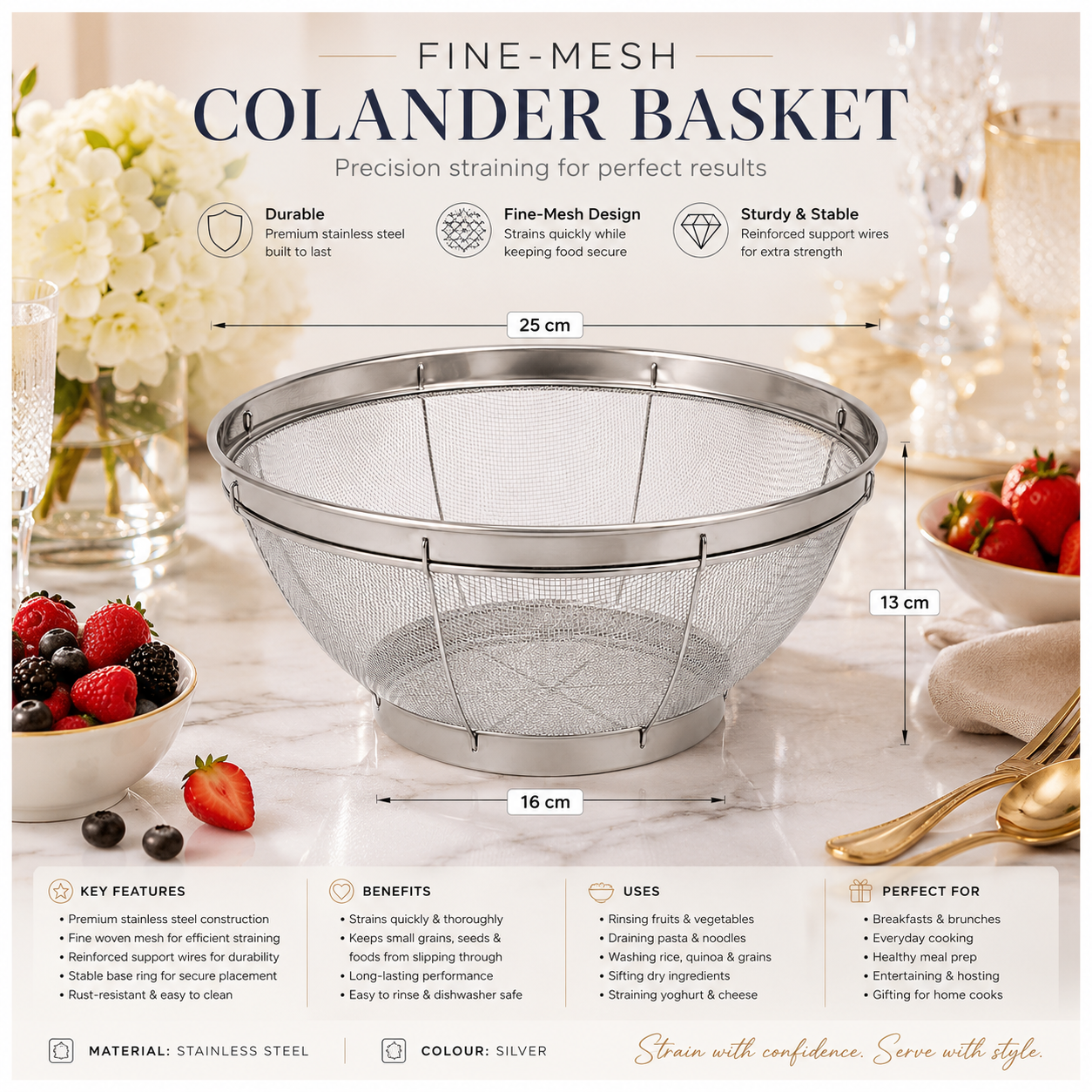 Fine Mesh Stainless Steel Colander Basket - Perfect for Kitchen Prep -25 cm