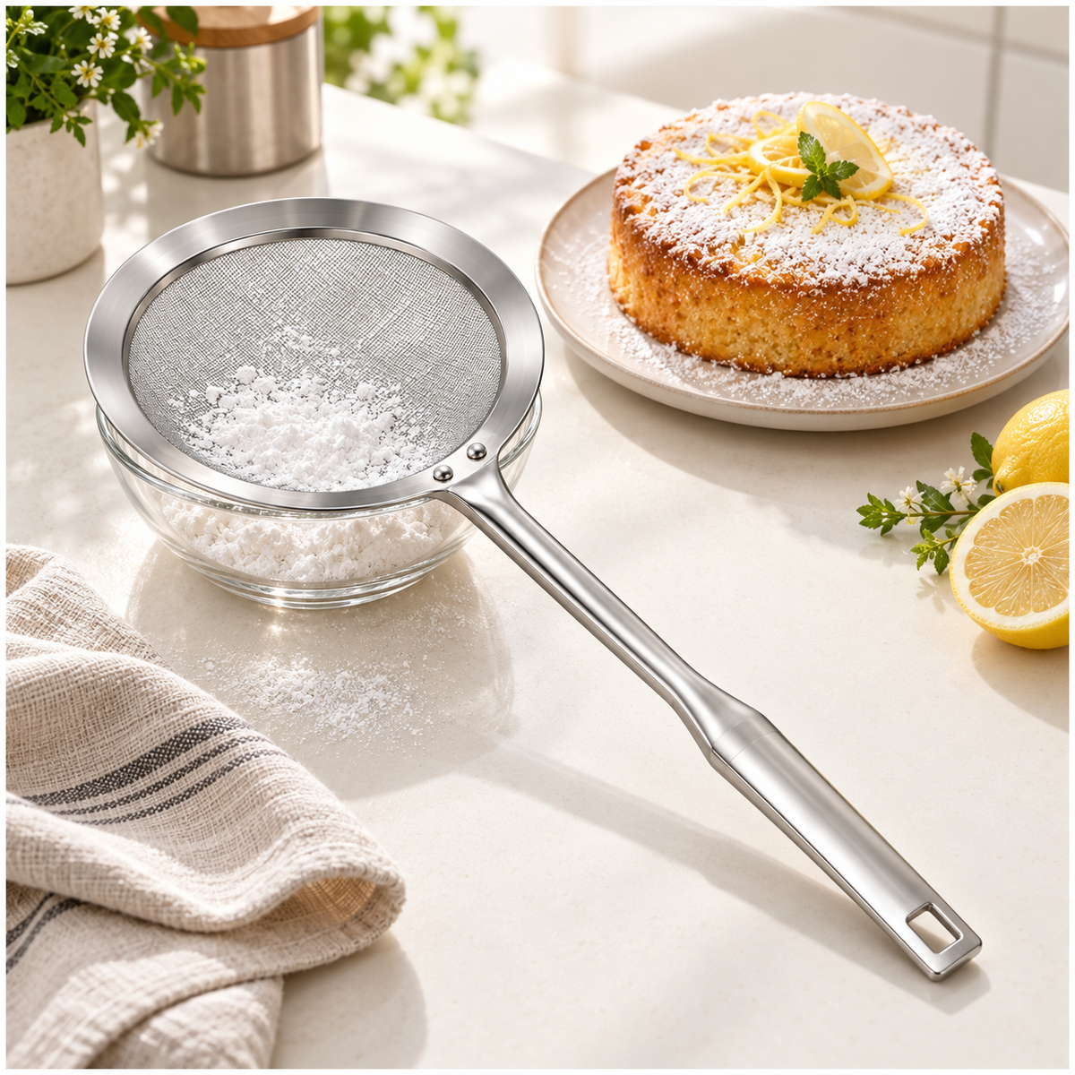 Stainless Steel Fine Mesh Strain Skimmer with Long Flat Handle – Silver