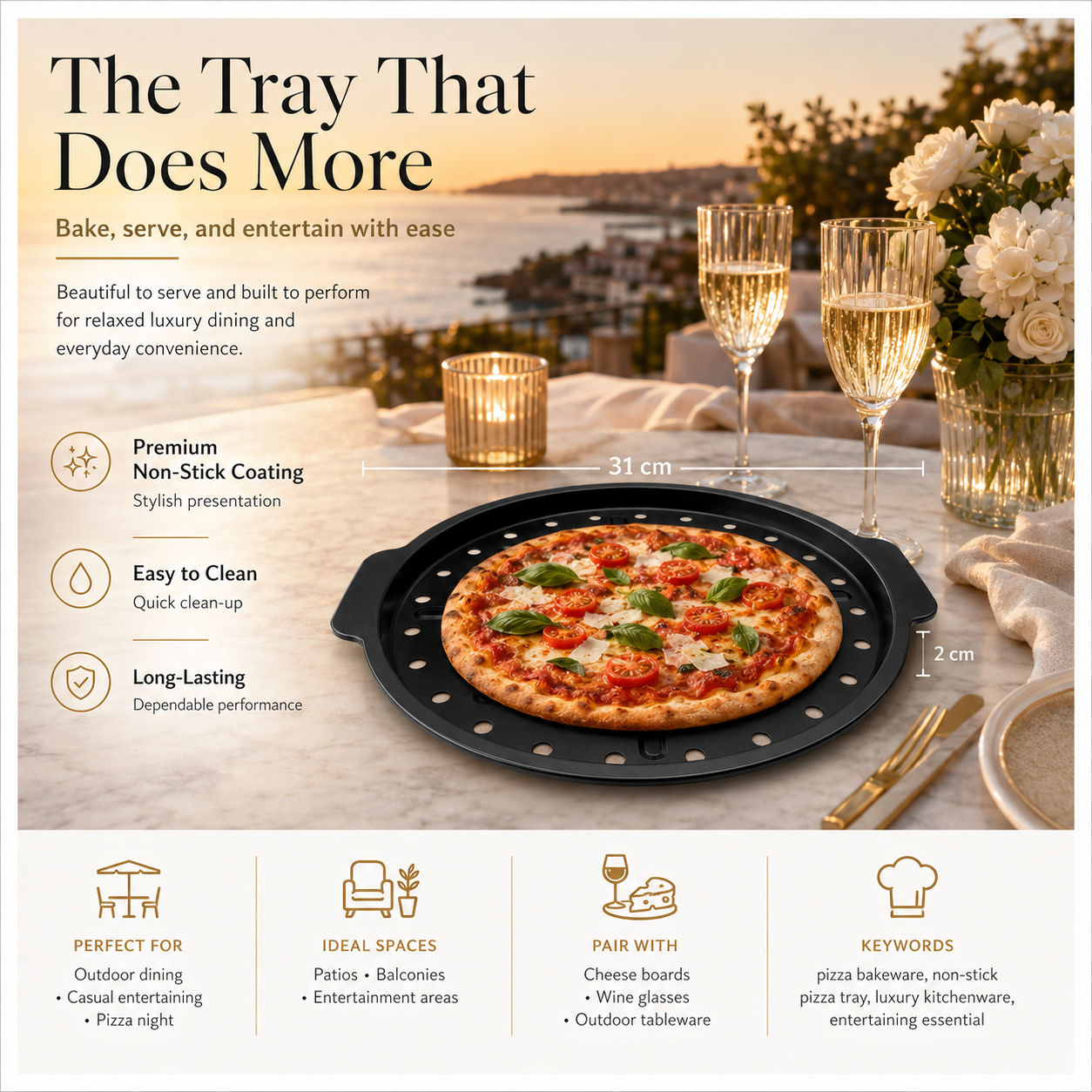 Crisp-Crust Non-Stick Pizza Tray –Carbon Steel Oven-to-Table Bakeware -31cm