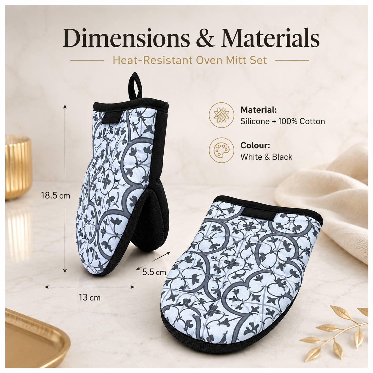 Non Slip 2-Piece Heat-Resistant Silicone Oven Mitt Set with Cotton Lining