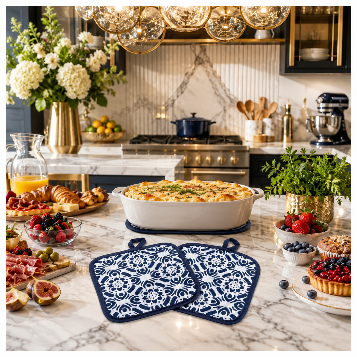 2-Piece Heat-Resistant Cotton Kitchen Potholder Set –Blue and White- 20 cm