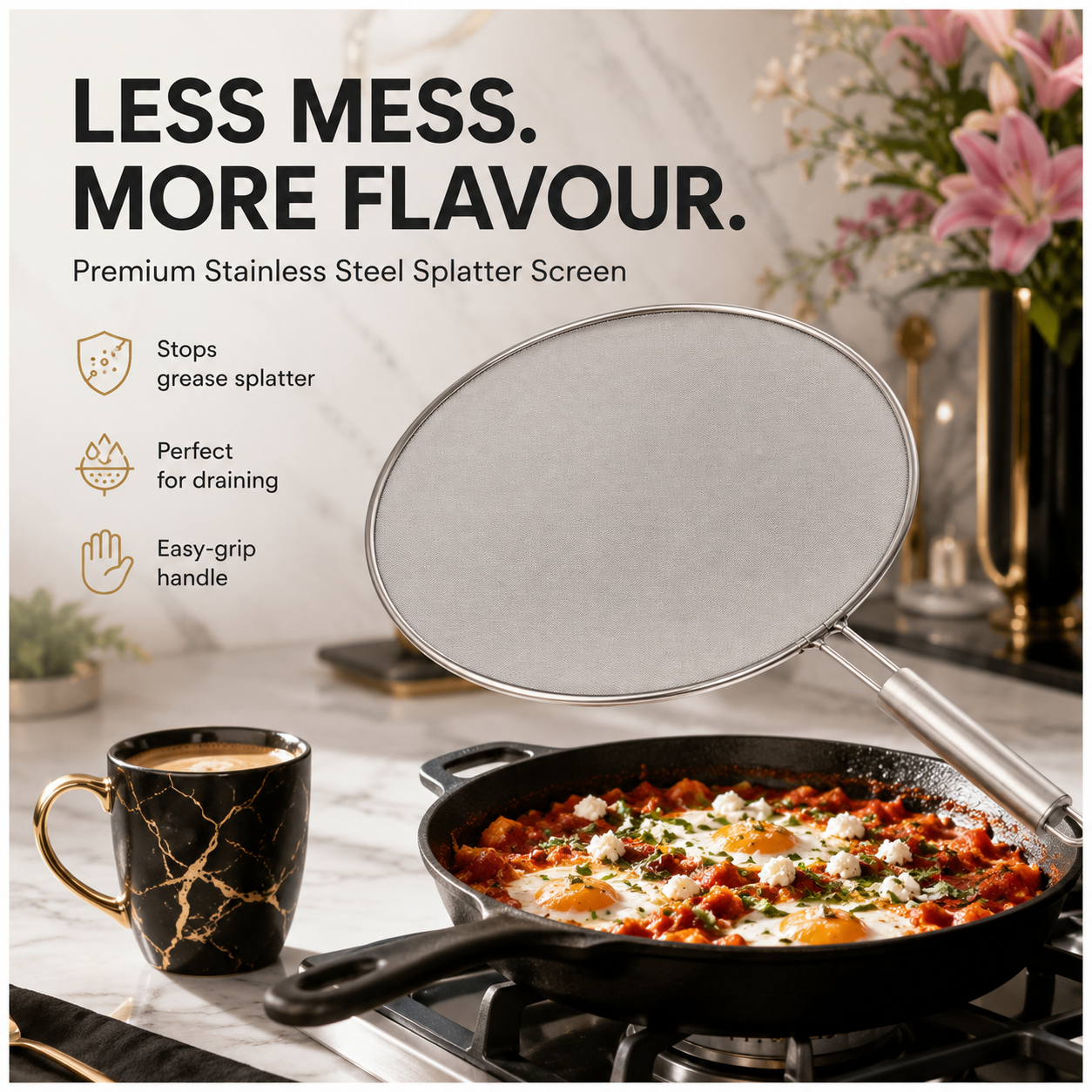 Stainless Steel Splatter Screen with Easy-Grip Handle – 33cm