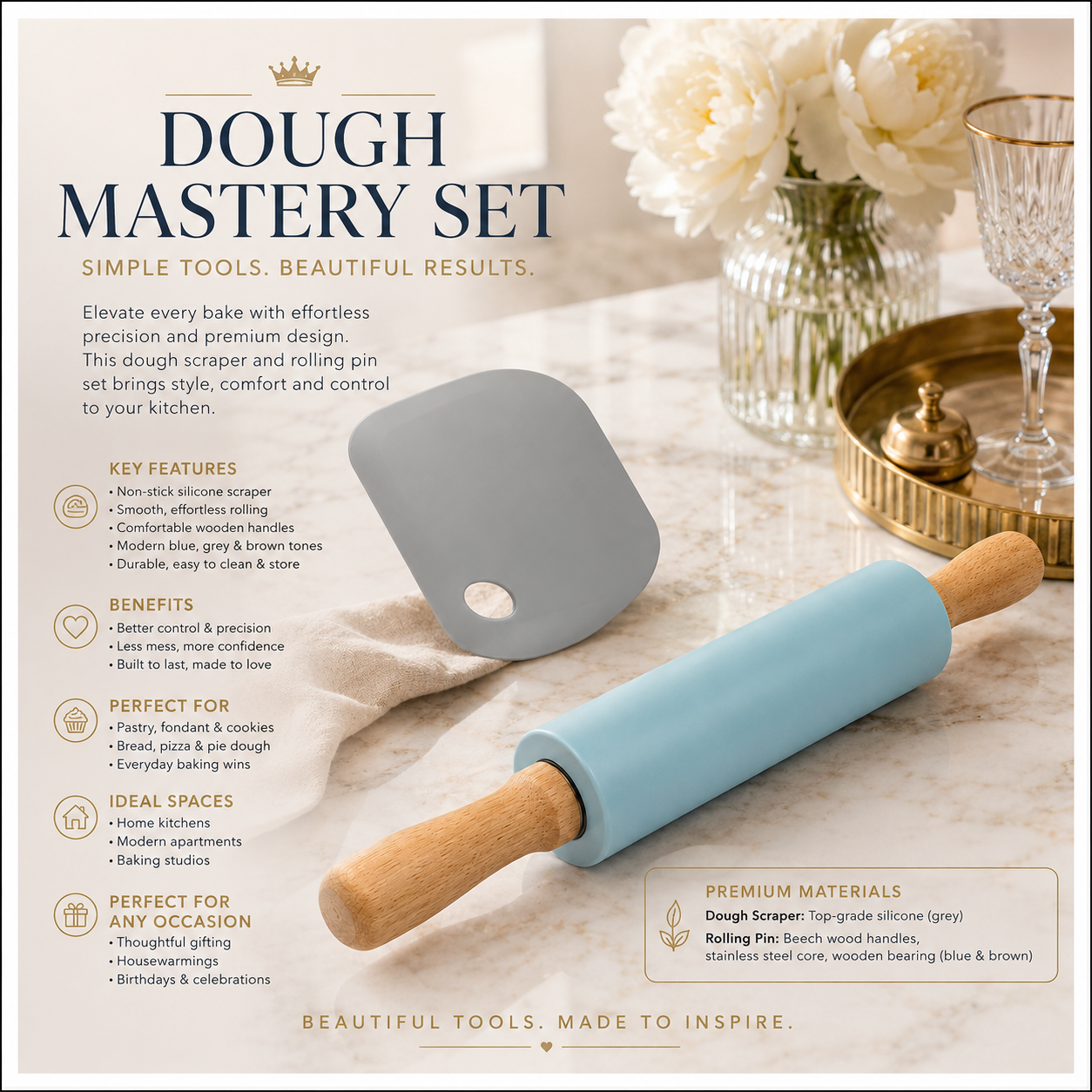 A stylish baking set made for rolling, shaping, lifting and scraping