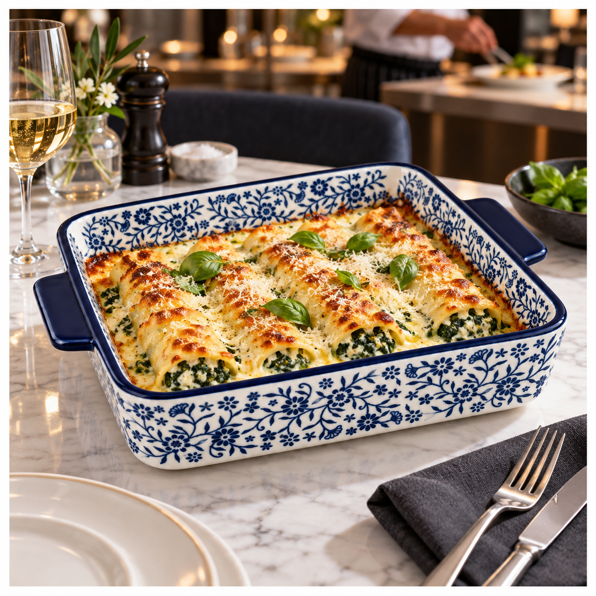 Elegant Blue and White Floral Porcelain Baking Dish with Handles - 29.5cm