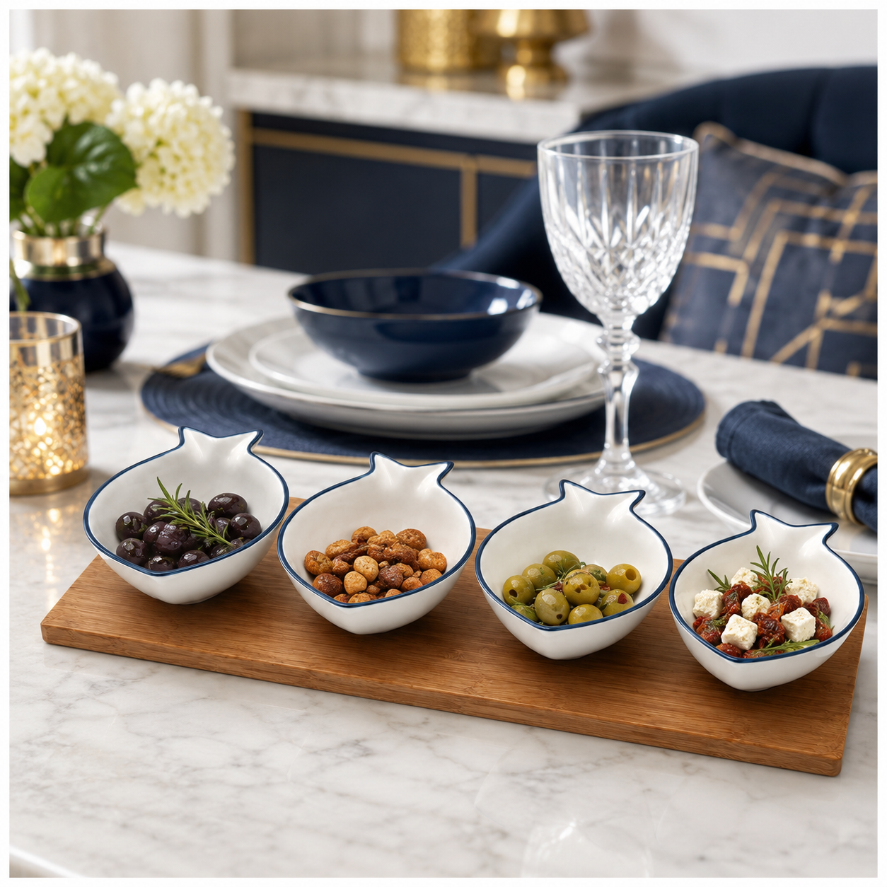 Ceramic Fish Shaped Snack Serving Bowl Set with Acacia Wooden Tray -5 Piece