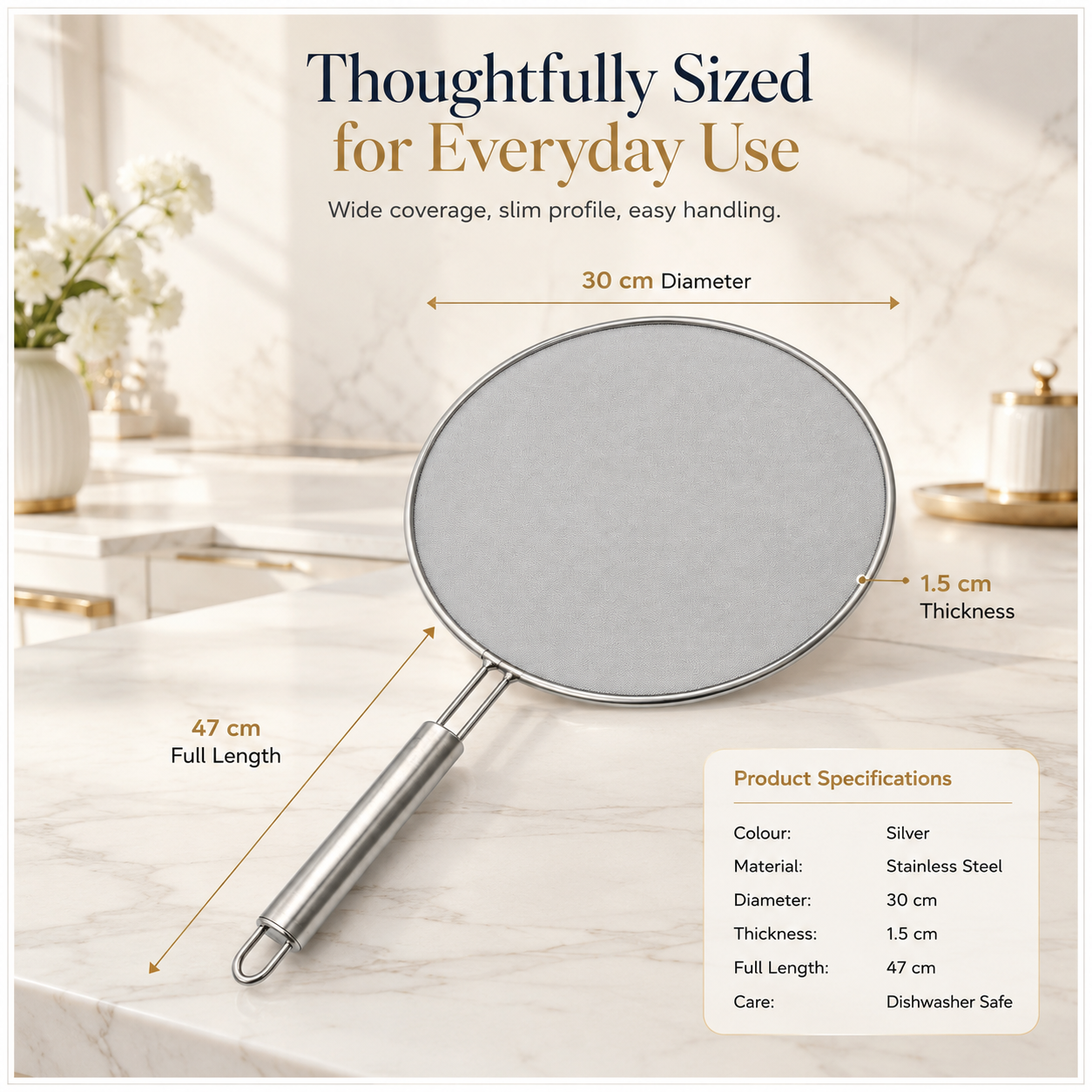 30cm Stainless Steel Splatter Screen with Easy-Grip Handl