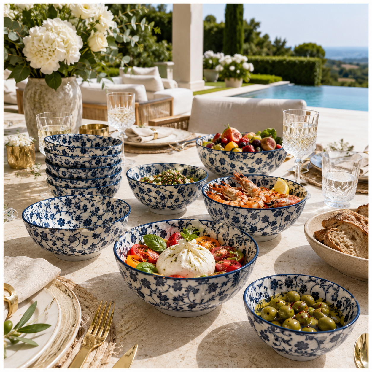 Elegant 10-Piece Blue and White Porcelain Starter Bowl Set