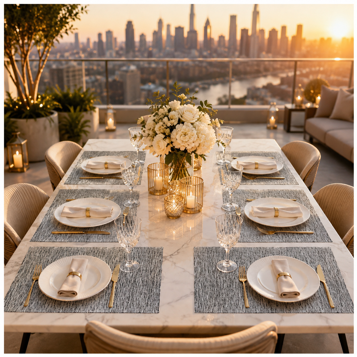 6-Piece Reversible Black Textured Waterproof Placemats – Dining Table Mats