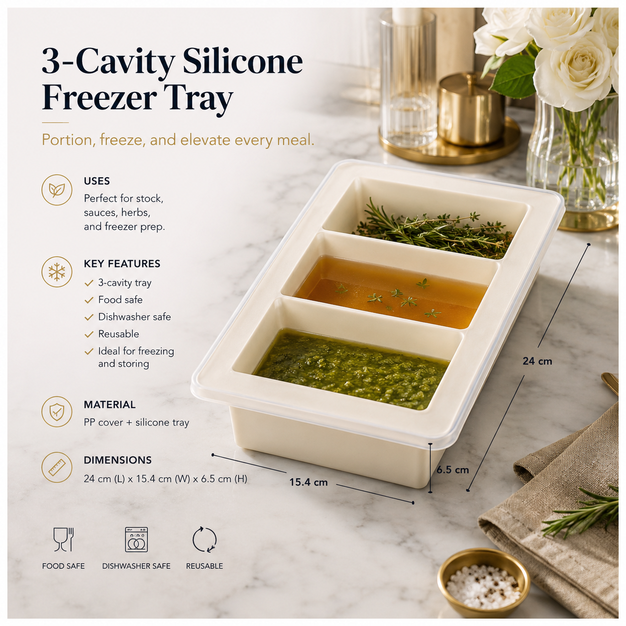 3-Cavity Silicone Ice Cube Tray with Sealing Lid – Cream - 24 cm