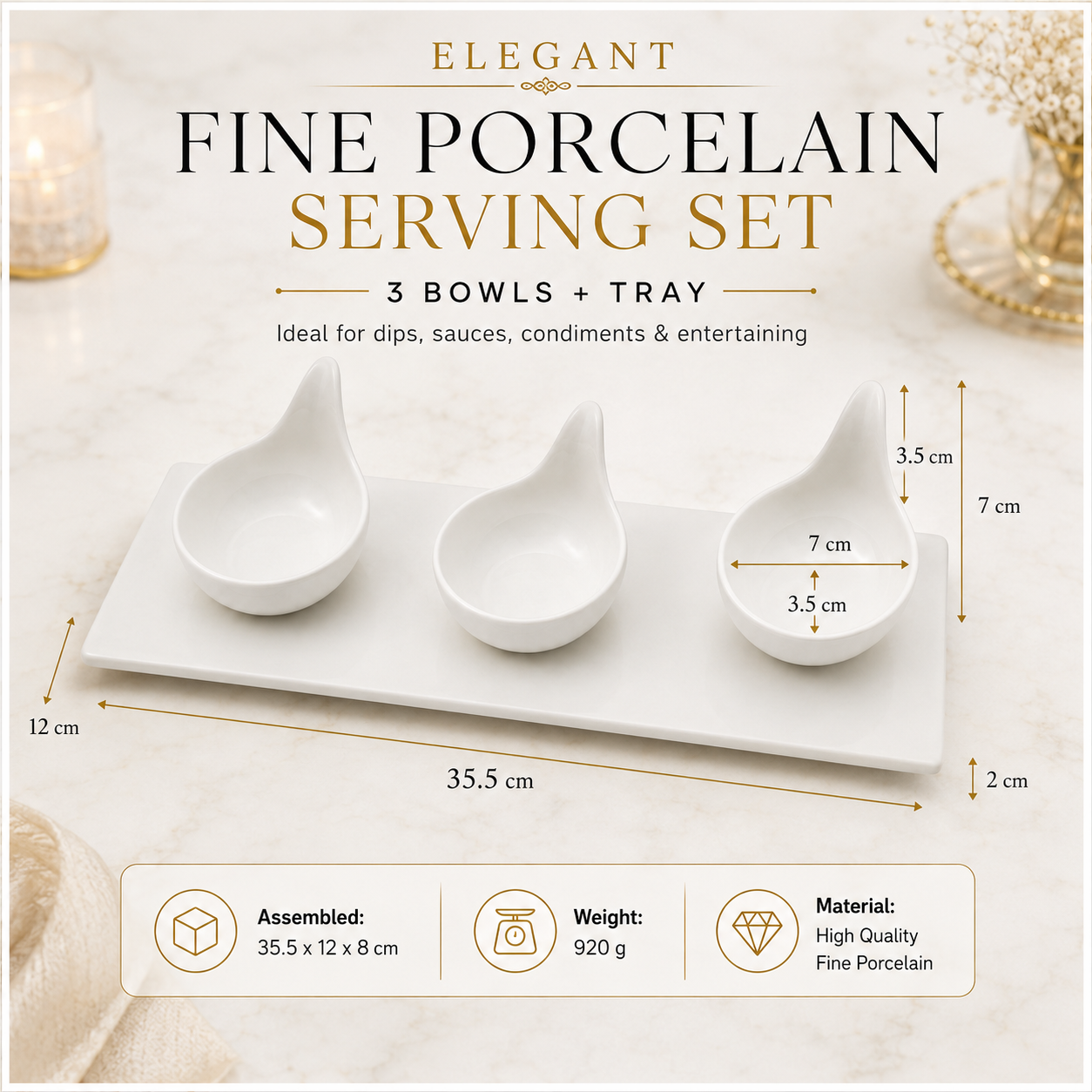 Luxury 3-Piece High Quality Fine Porcelain Serving Bowl and Tray Set- White