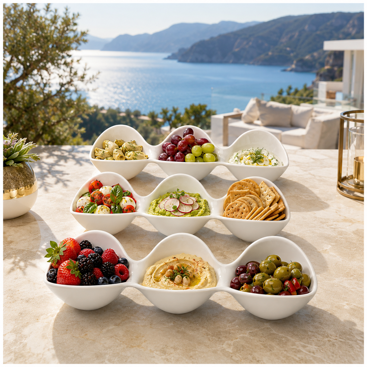 3-Piece White Melamine Triple Bowl Serving Set – 3 x 3-Compartment Bowls