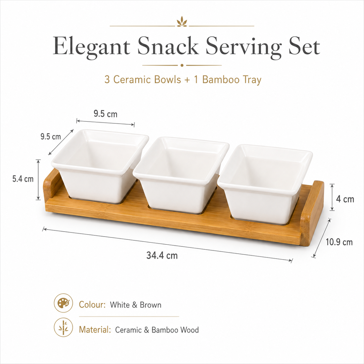 Elegant 4-Piece Ceramic Snack Serving Bowls with Bamboo Tray- 33 x 12 cm
