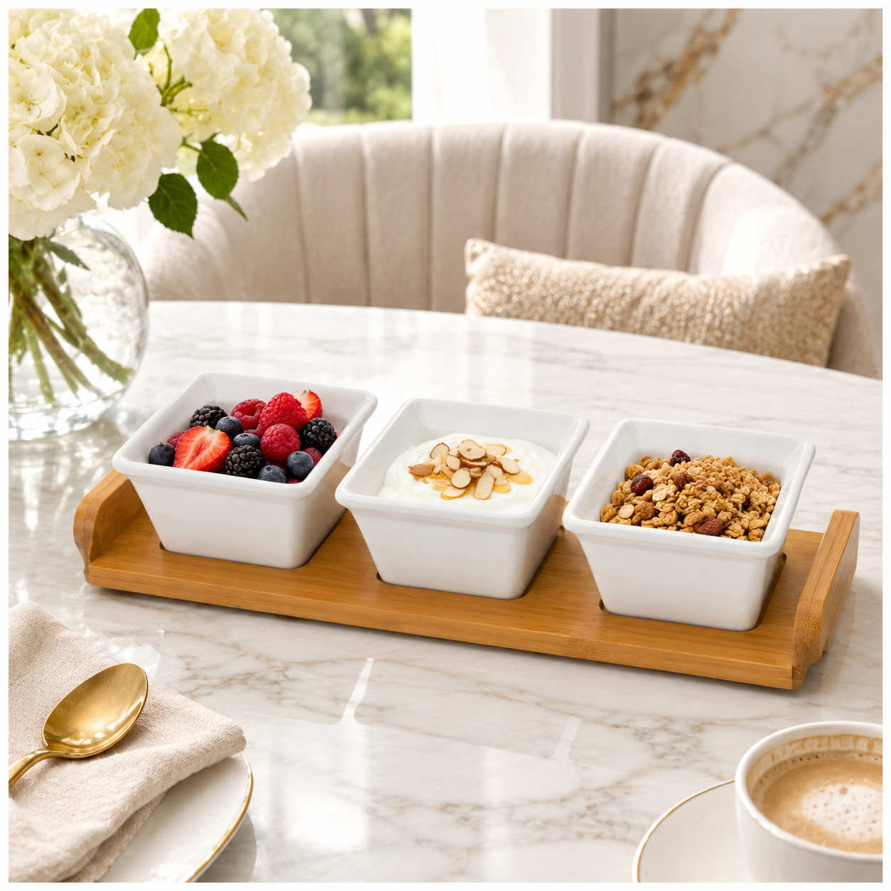 Elegant 4-Piece Ceramic Snack Serving Bowls with Bamboo Tray- 33 x 12 cm