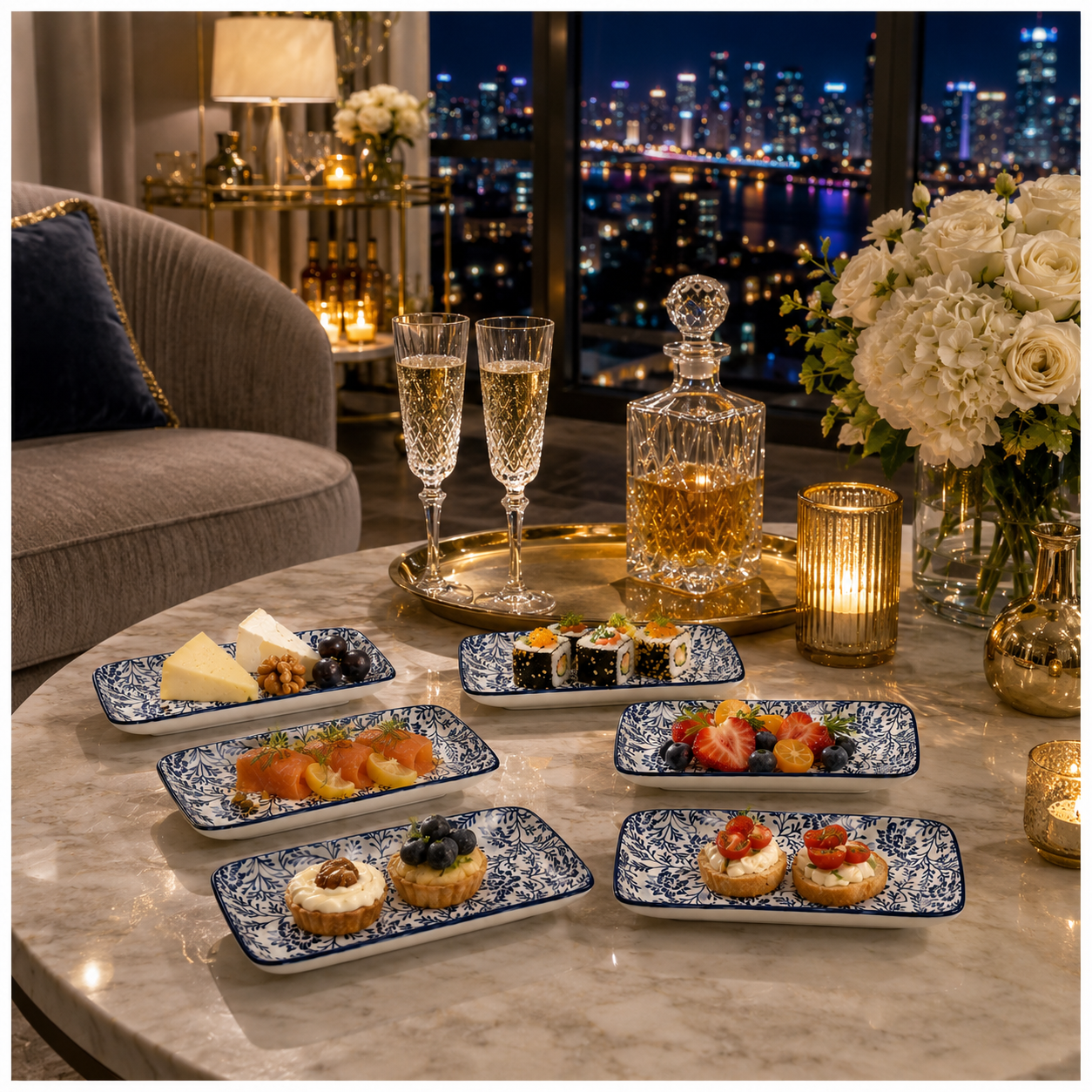 6-Piece Navy Floral Ceramic Side Plates for Luxe Hosting and Everyday Style