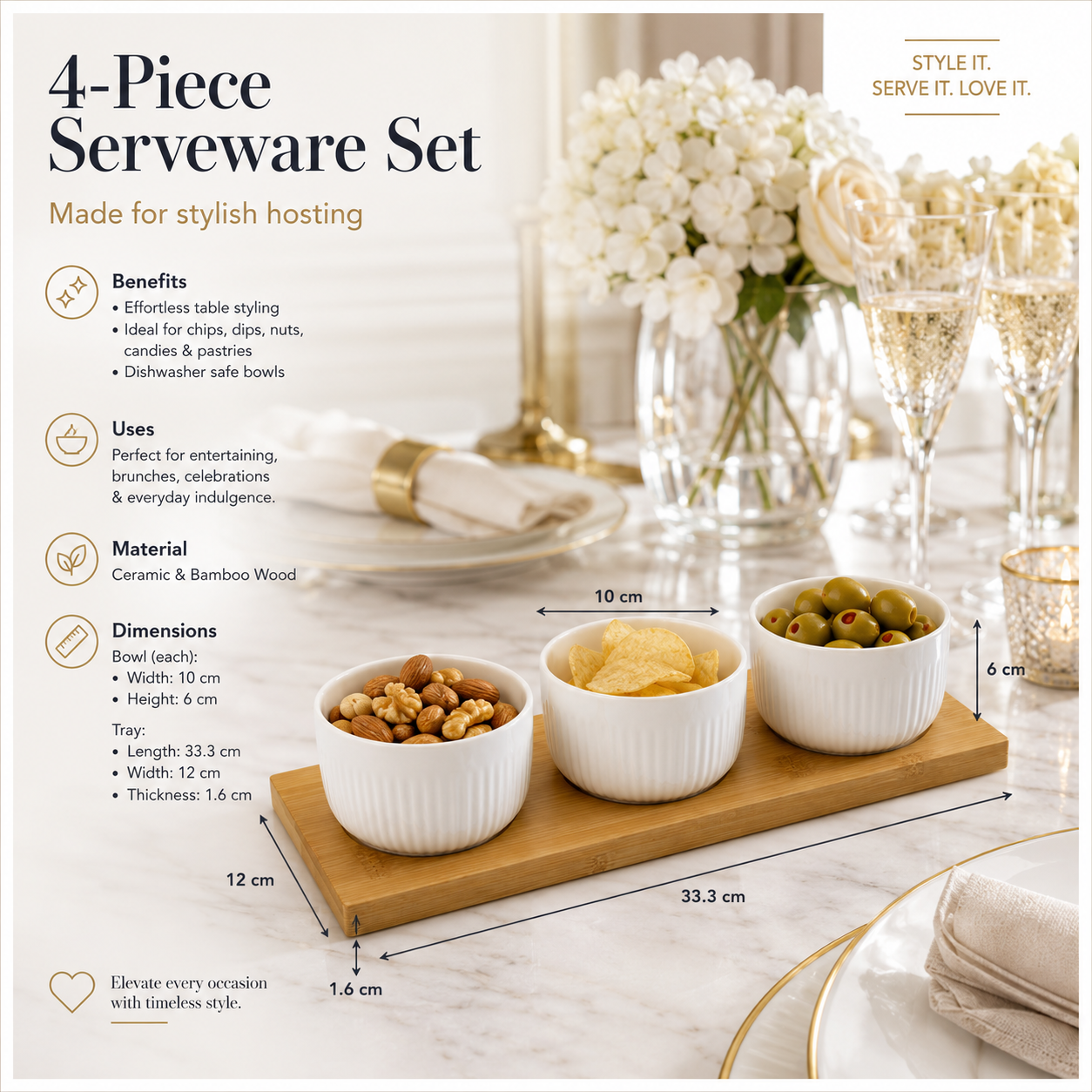 Elegant 4 Piece Bamboo Tray and Ceramic Pastry Bowls -Classic Serveware Set