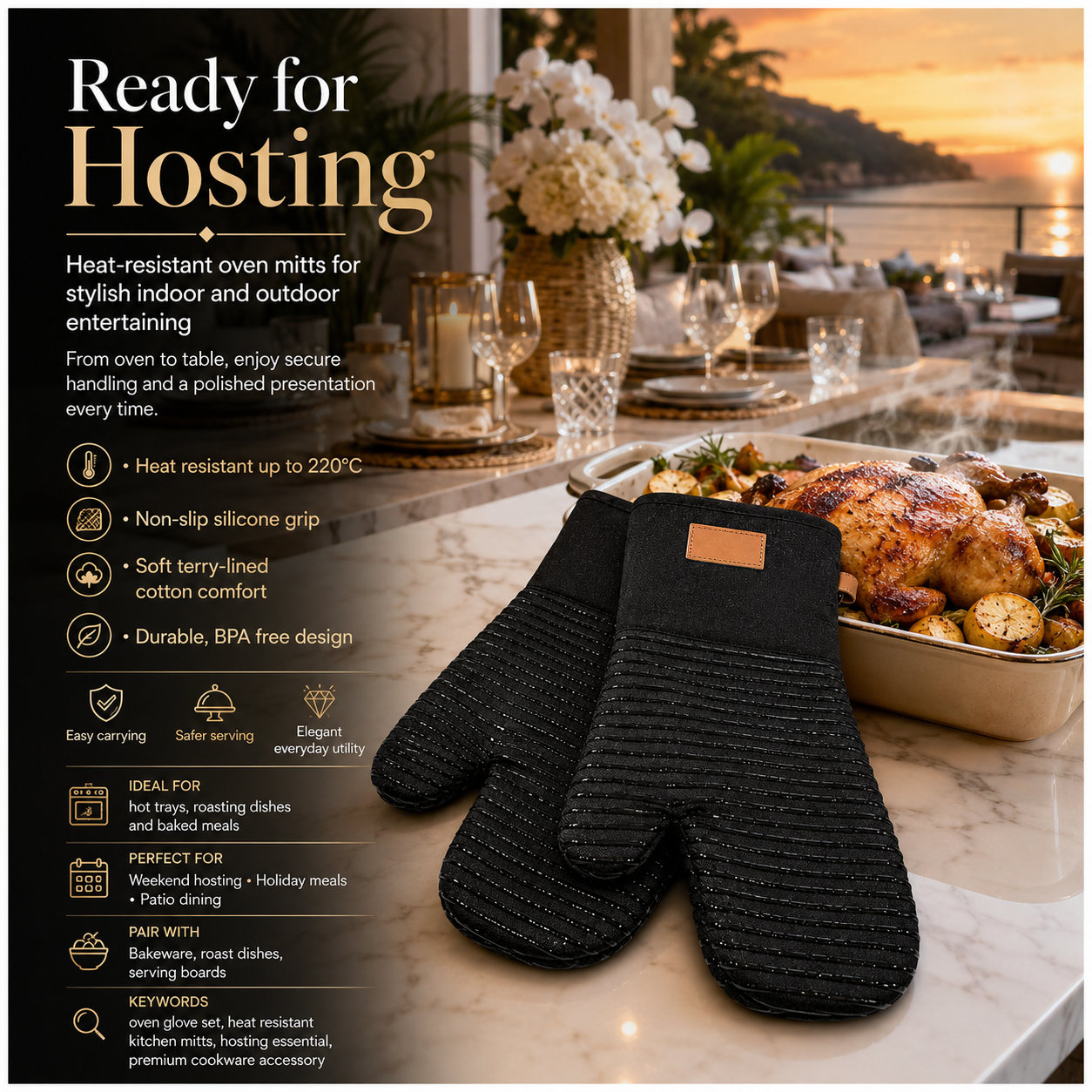 BPA Free -Heat Resistant Cotton Silicone Oven Mitts -Double Padded-Non Slip