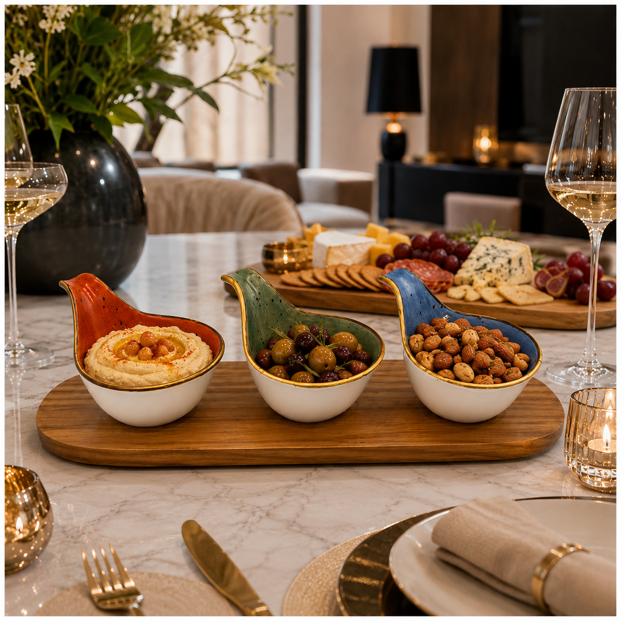 Beautiful 4-Piece Ceramic Snack Serving Bowl Set with Acacia Wood Board