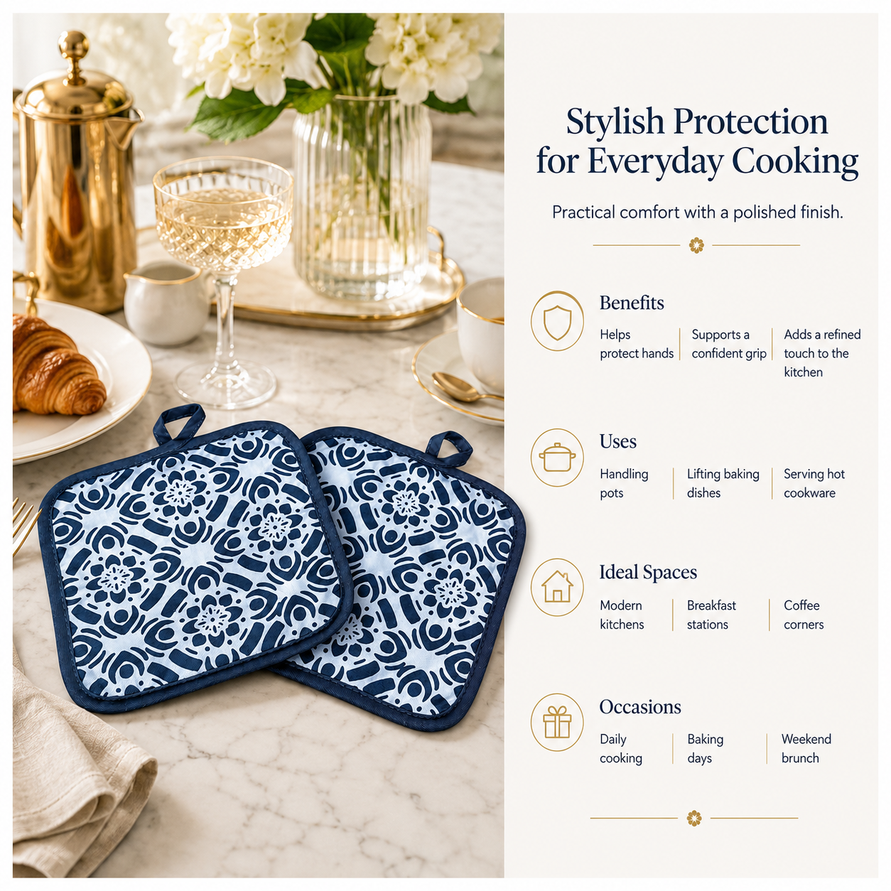 2-Piece Heat-Resistant Cotton Kitchen Potholder Set –Blue and White- 20 cm