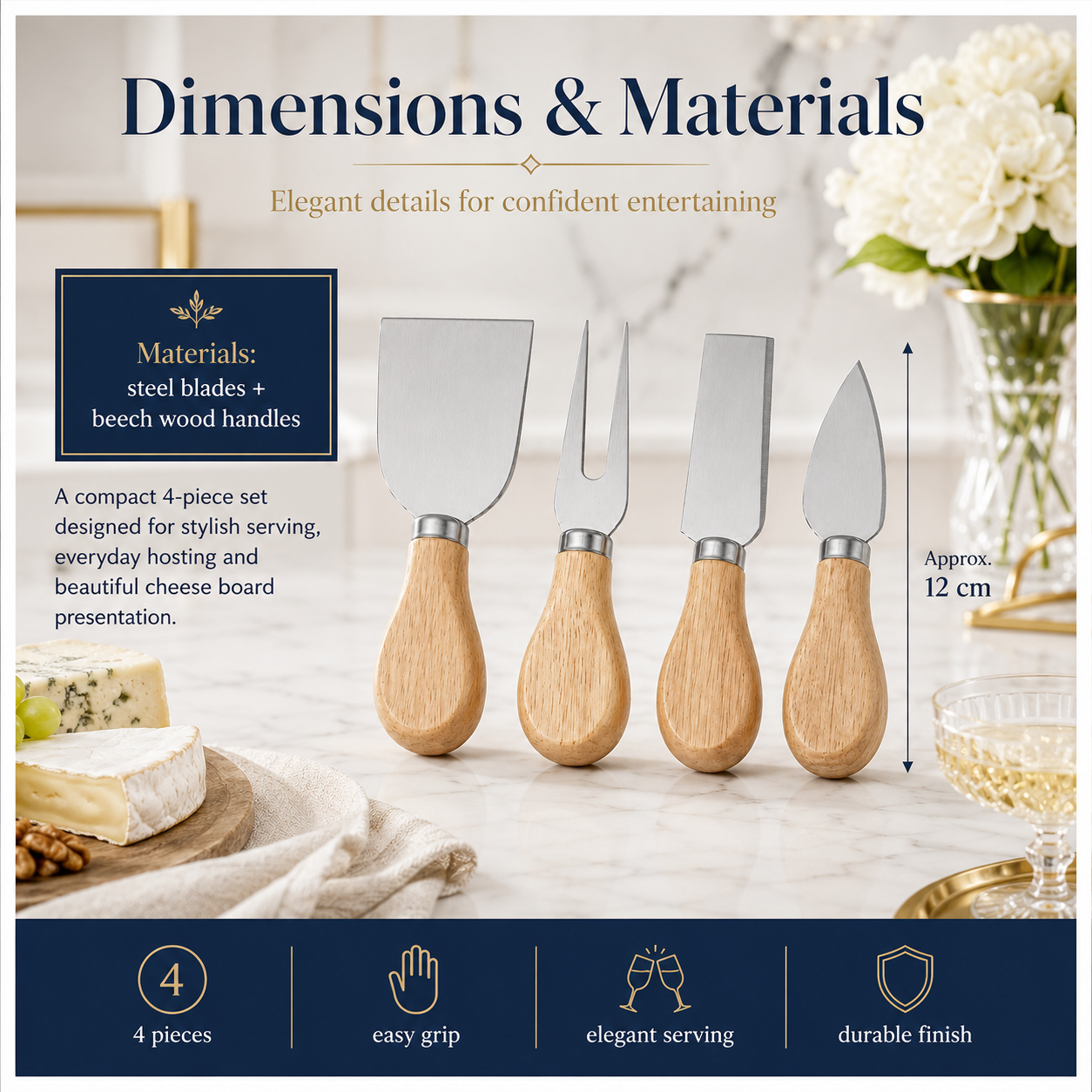 4-Piece Beech Wood Cheese Knife Serving Set - 12 cm