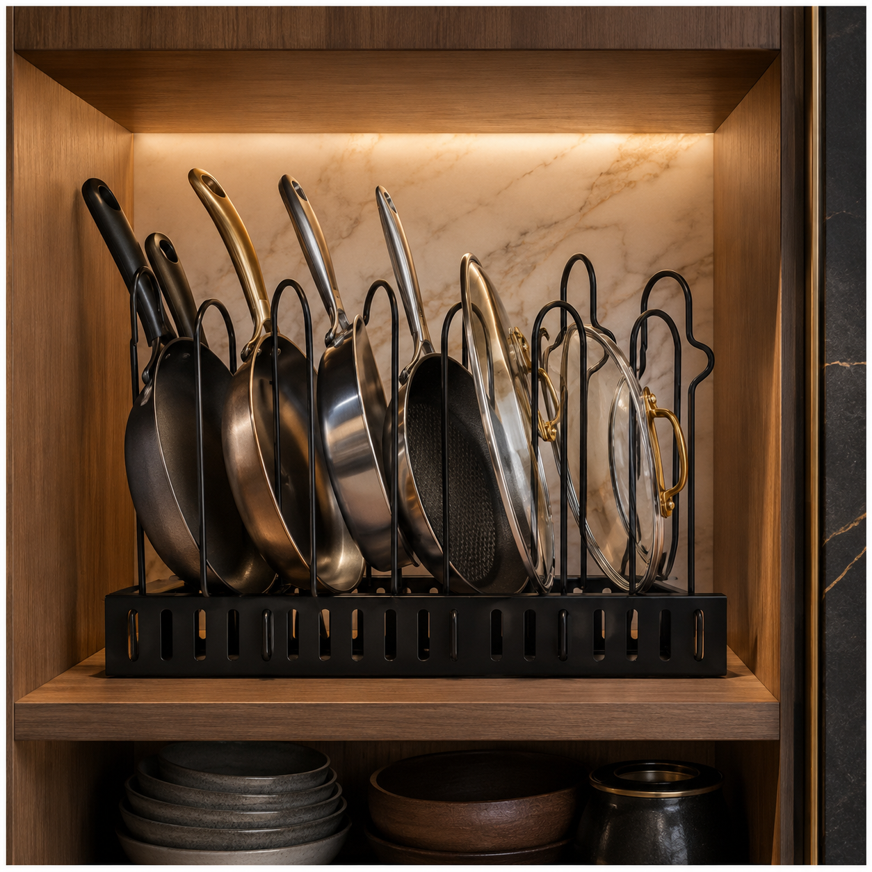 Essential Black Metal Adjustable Cookware Storage Rack-Cookware Organizer