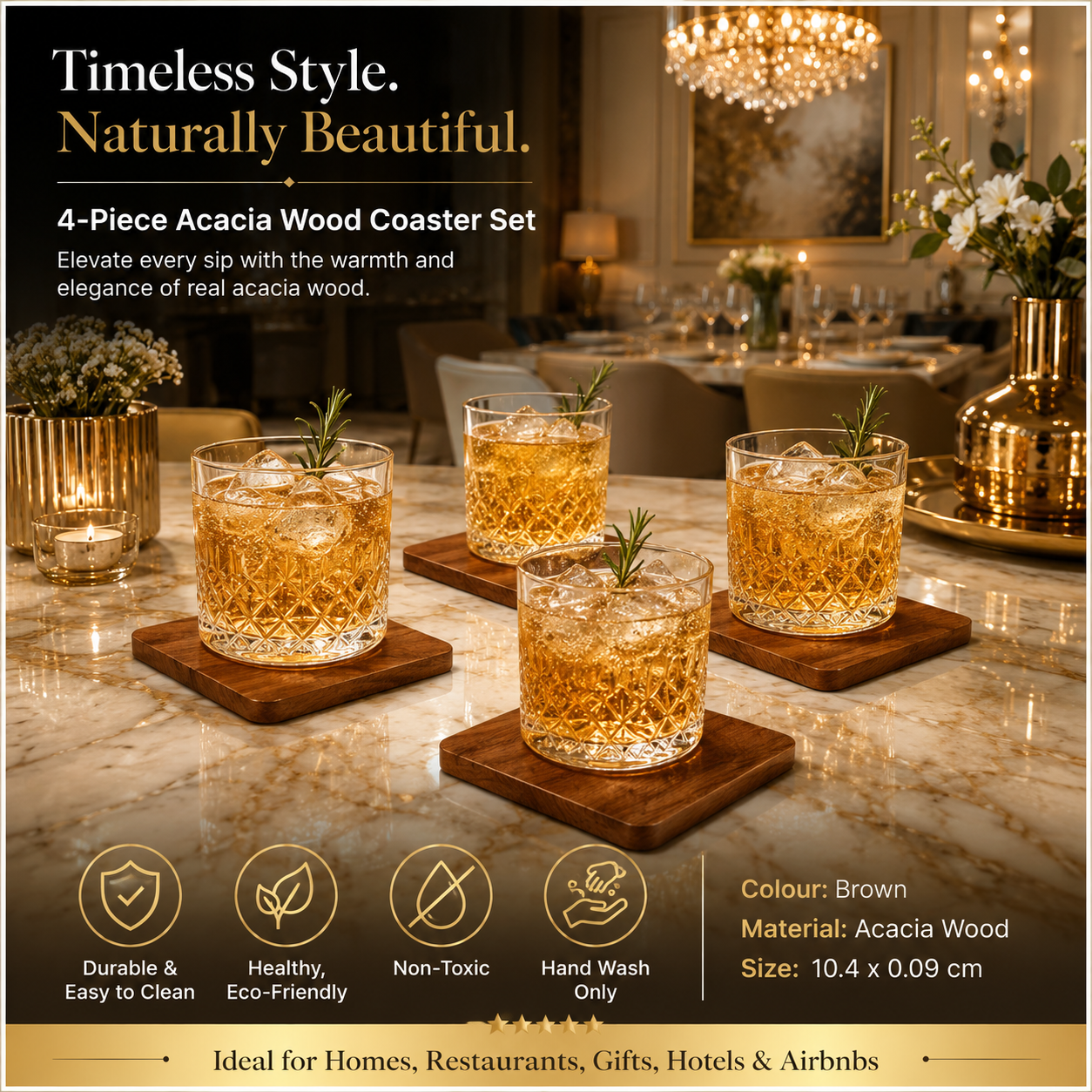 4-Piece Acacia Wood Coaster Set – Brown Wooden Drink Coasters- Eco Friend