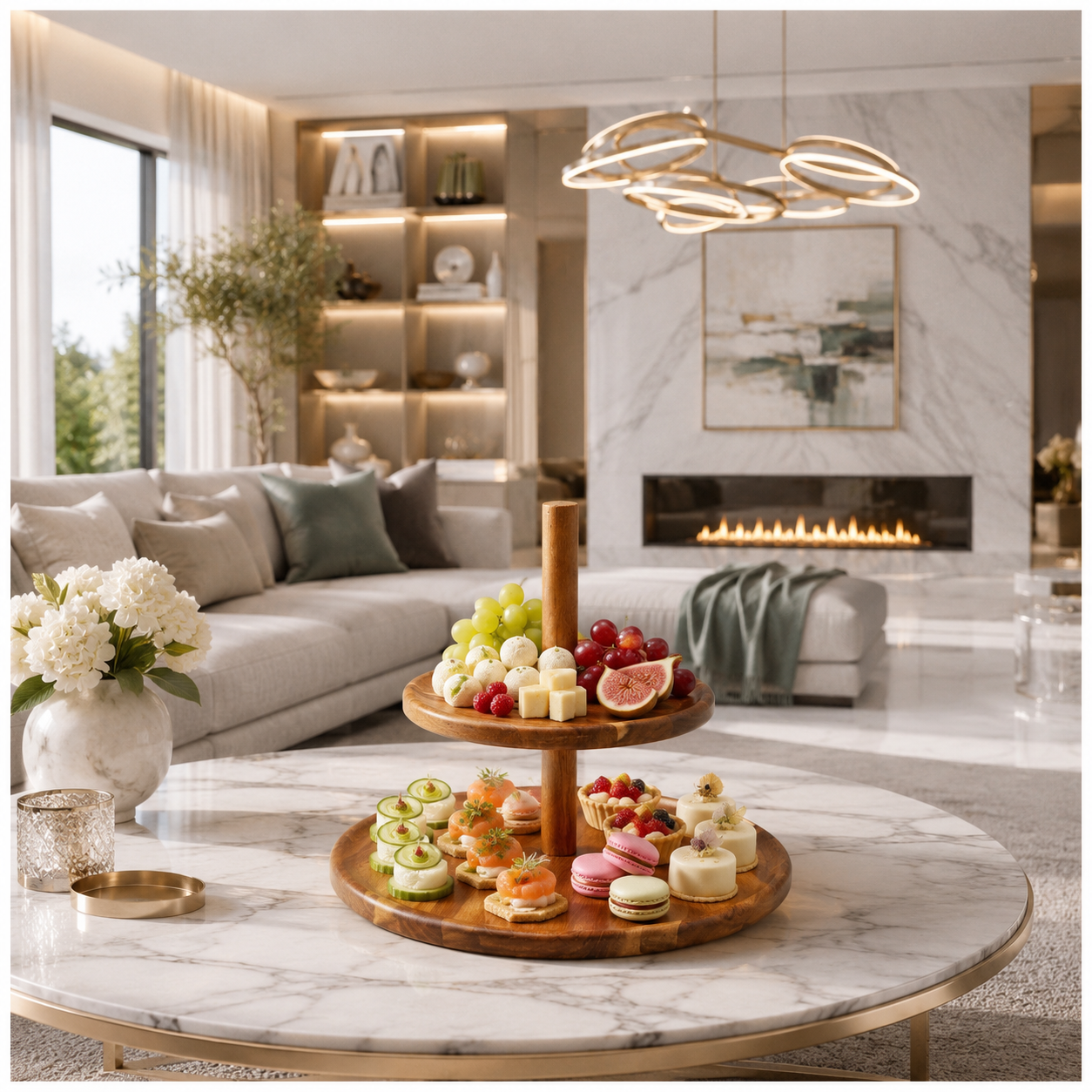 Natural Acacia 2-Tier Round Serving Platter - Wooden Display Stand - 28cm