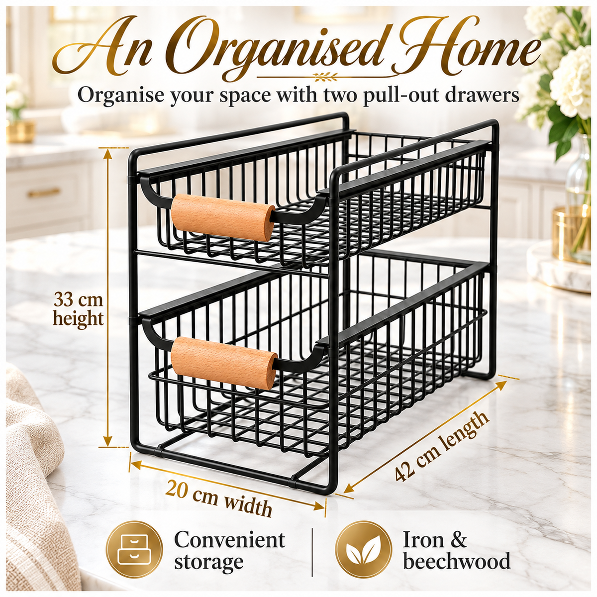2-Tier Iron Drawer Organiser with Beechwood Handles for Convenient Storage