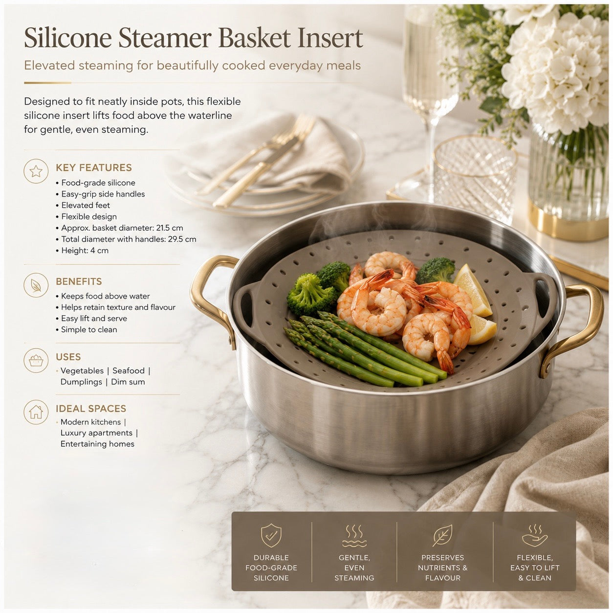 Silicone Steamer Basket with Handles – 21.5 cm Pot Insert for Easy Steaming