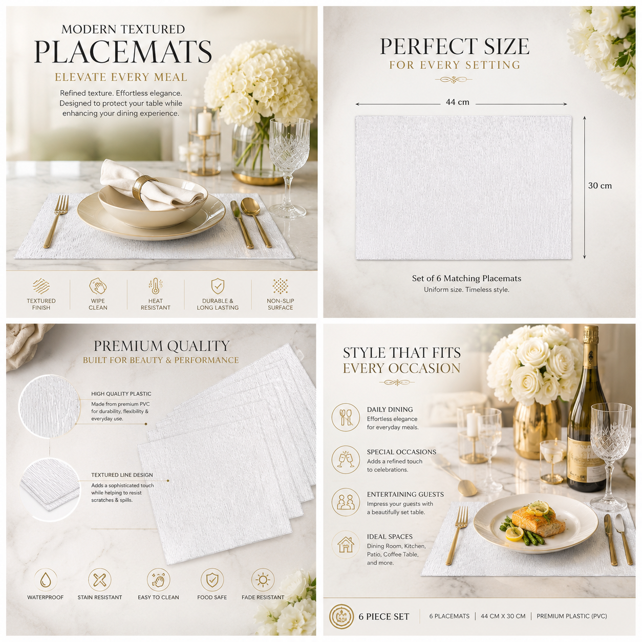 Elegant 6 Piece Textured Placemats – Clear And White 30 x 44 cm Table Mats