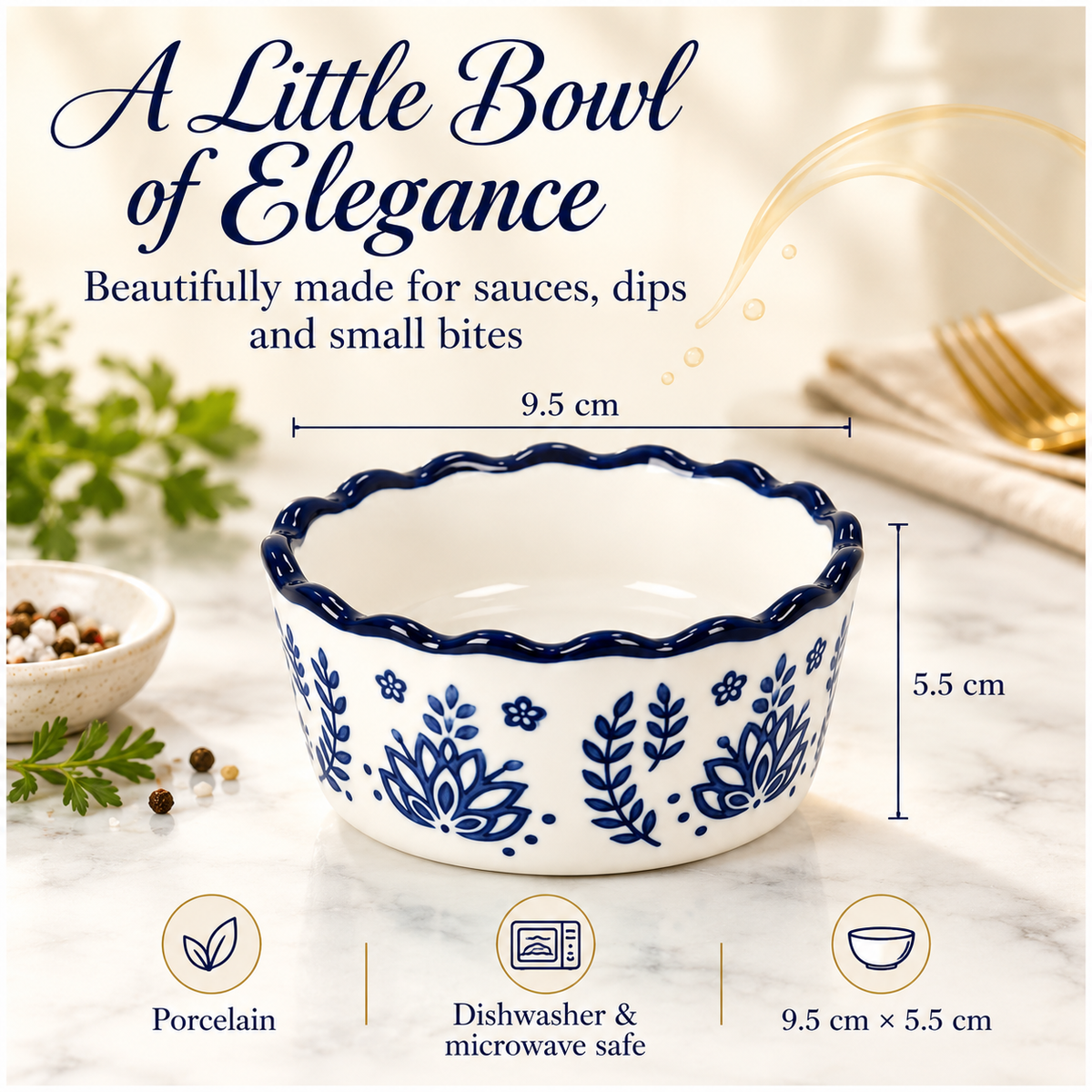 Elegant Navy Botanical Porcelain Sauce Bowls – Set of 4 Floral Bowls