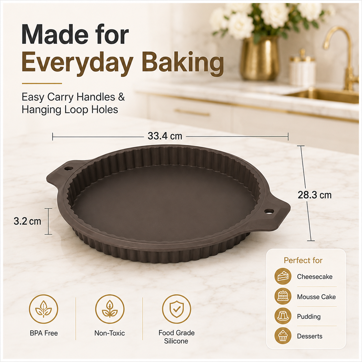 Essential Round Fluted Tart and Quiche Mold -33.4 x 28.3 x 3.2cm - BPA free