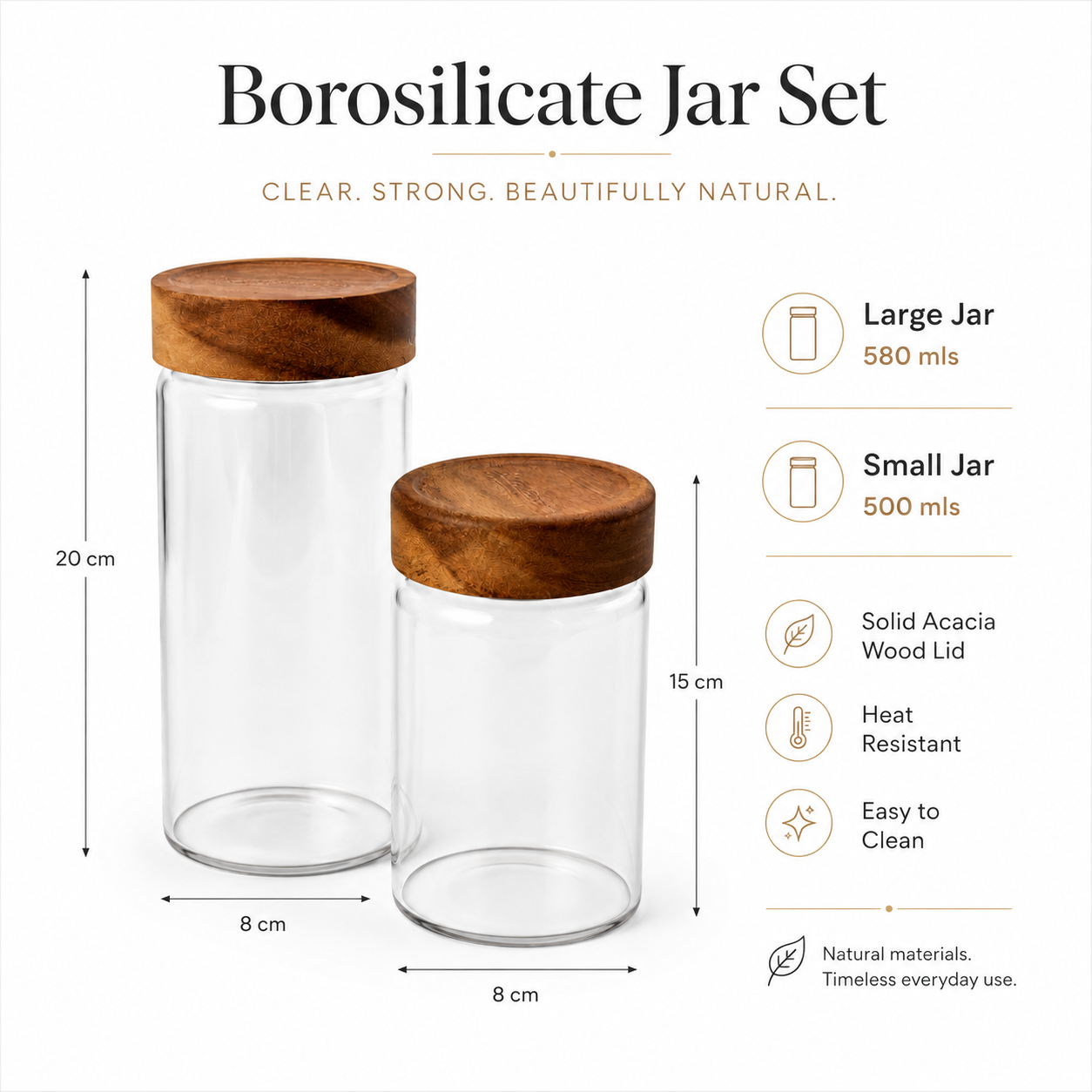 2-Piece Glass Storage Jar Set with Solid Acacia Wood Lids – 580ml and 500ml