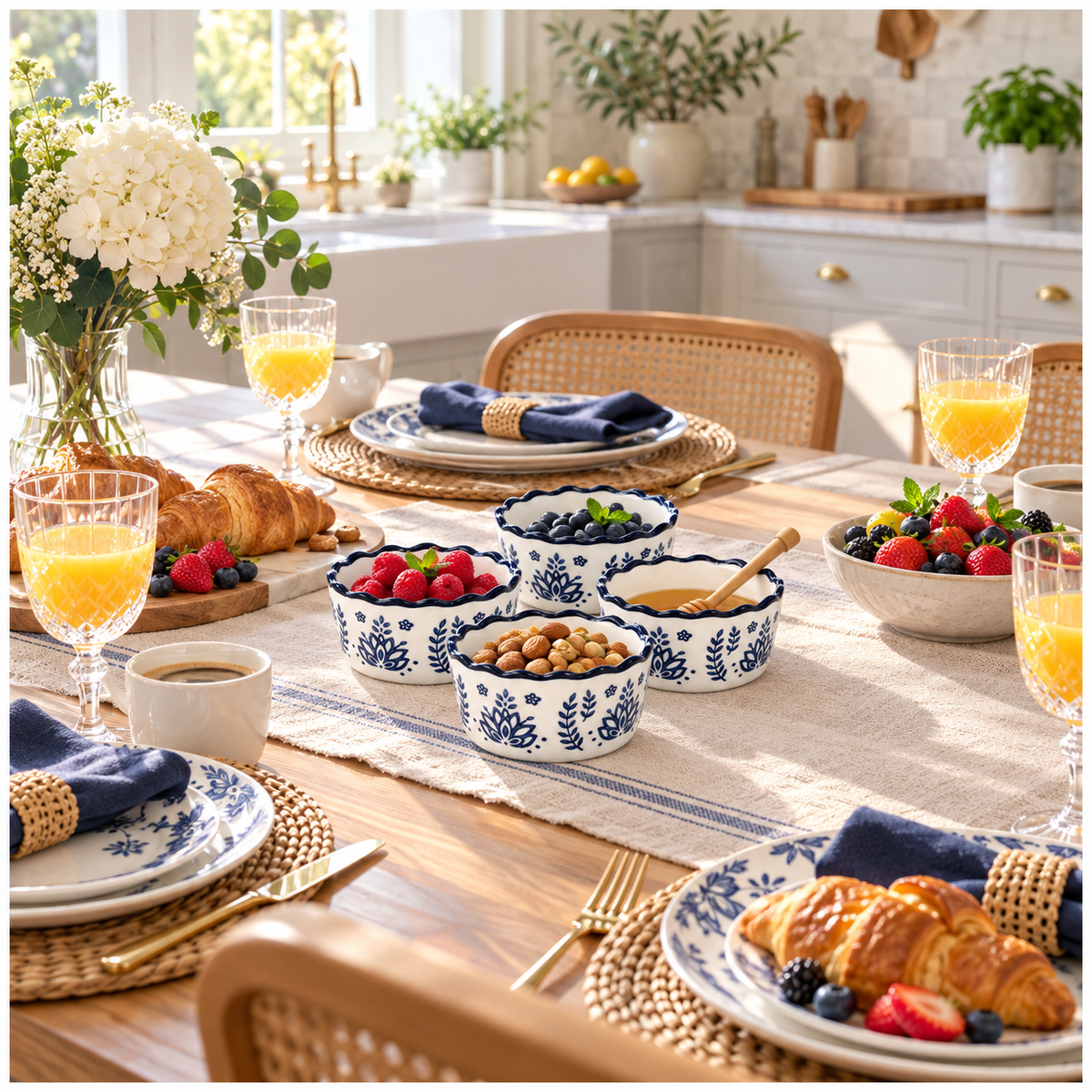 Elegant Navy Botanical Porcelain Sauce Bowls – Set of 4 Floral Bowls