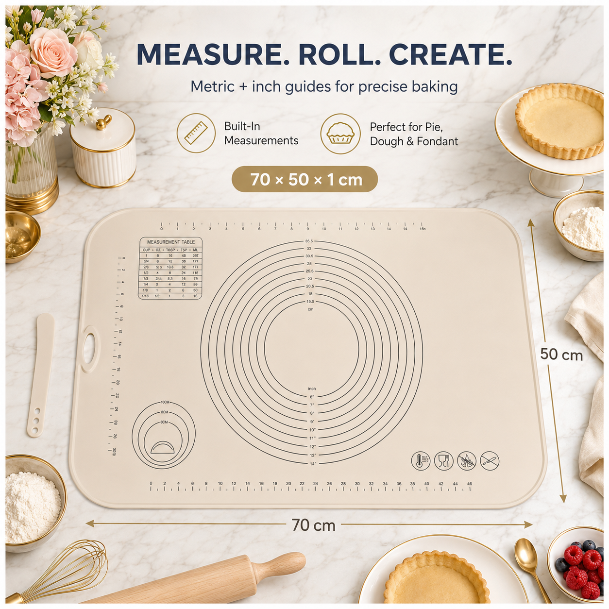 Essential Large Silicone Pastry Mat with Raised Edge and Guides - 70 x 50cm