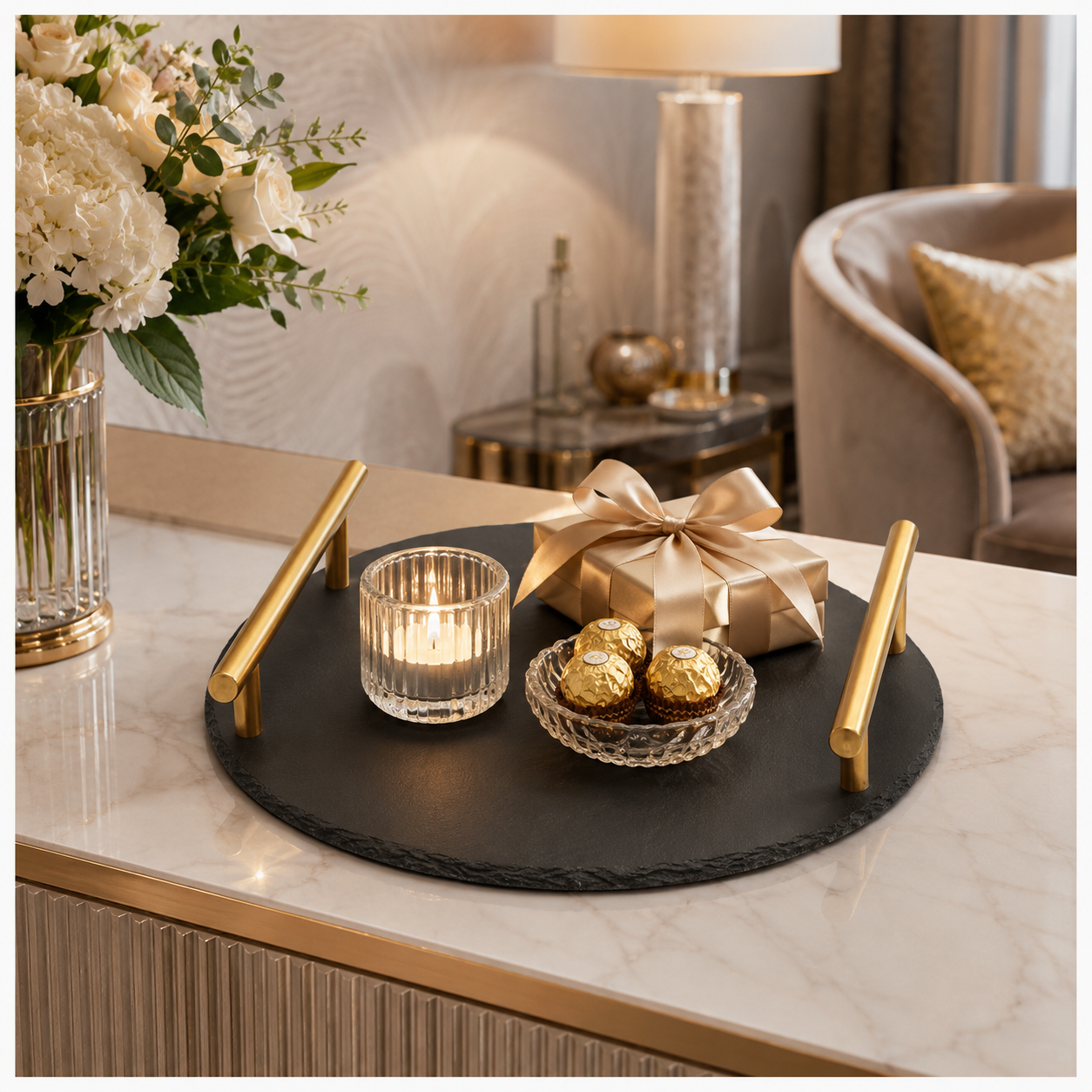 Midnight Slate Round Serving Tray With Metallic Gold Handles