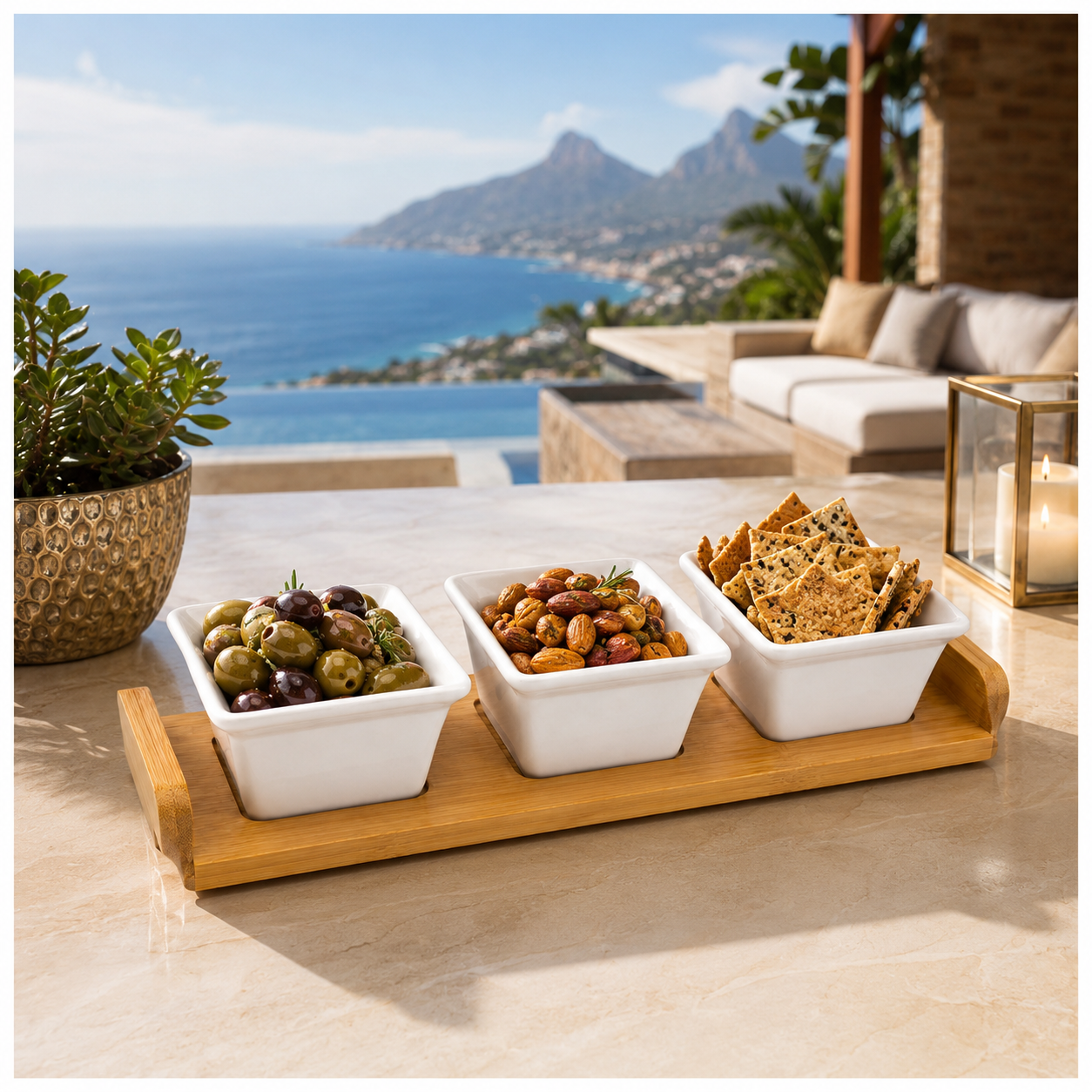 Elegant 4-Piece Ceramic Snack Serving Bowls with Bamboo Tray- 33 x 12 cm