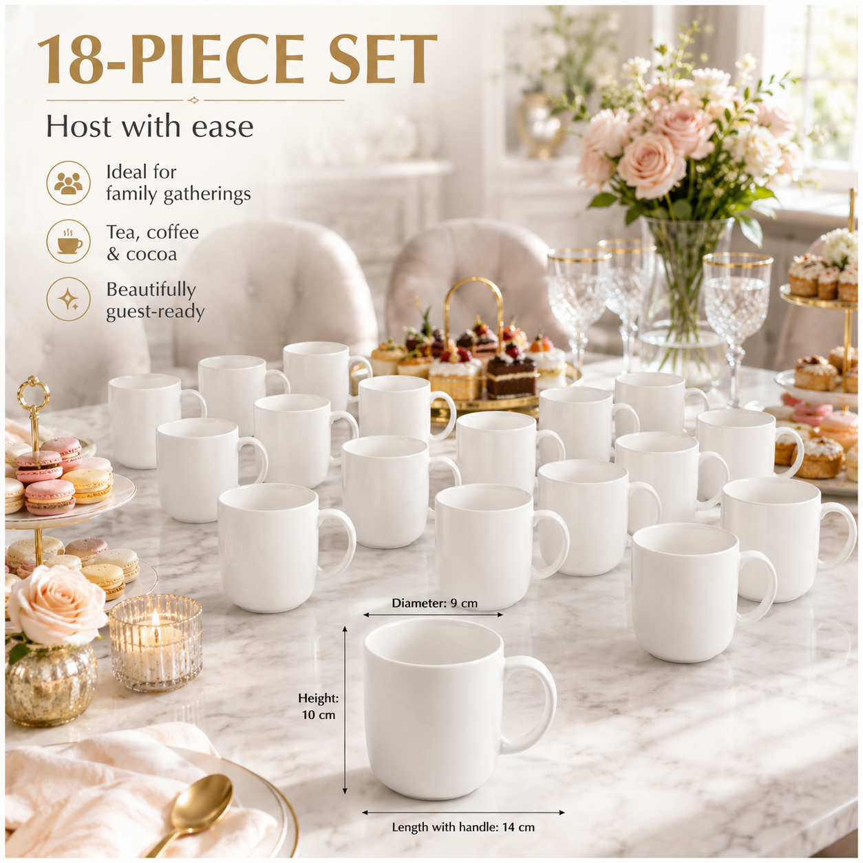 Essential 18-Piece White Ceramic Mug Set for Tea, Coffee and Entertaining