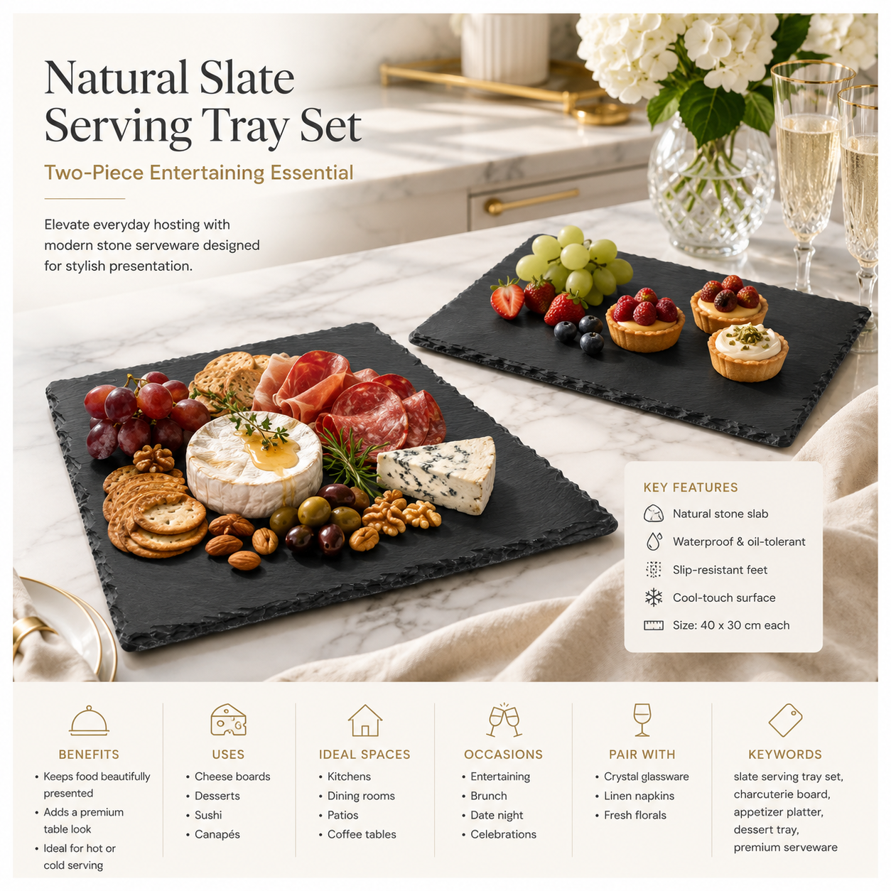 Elegant Two-Piece Natural Stone- Slate Serving Tray Set – 40 x 30cm