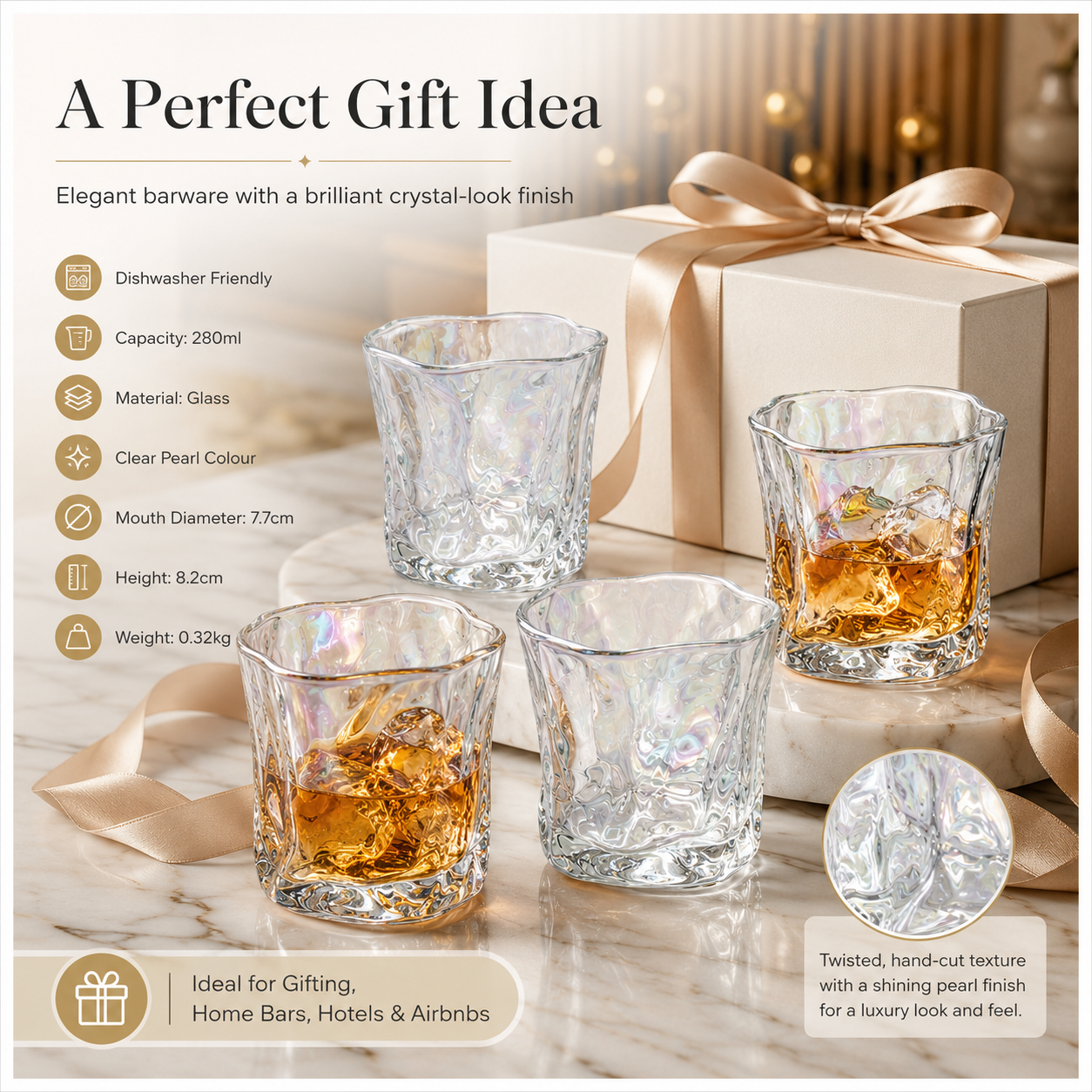 Luxury 4-Piece Twisted Shining Pearl Crystal-Look Glass Set – 280ml