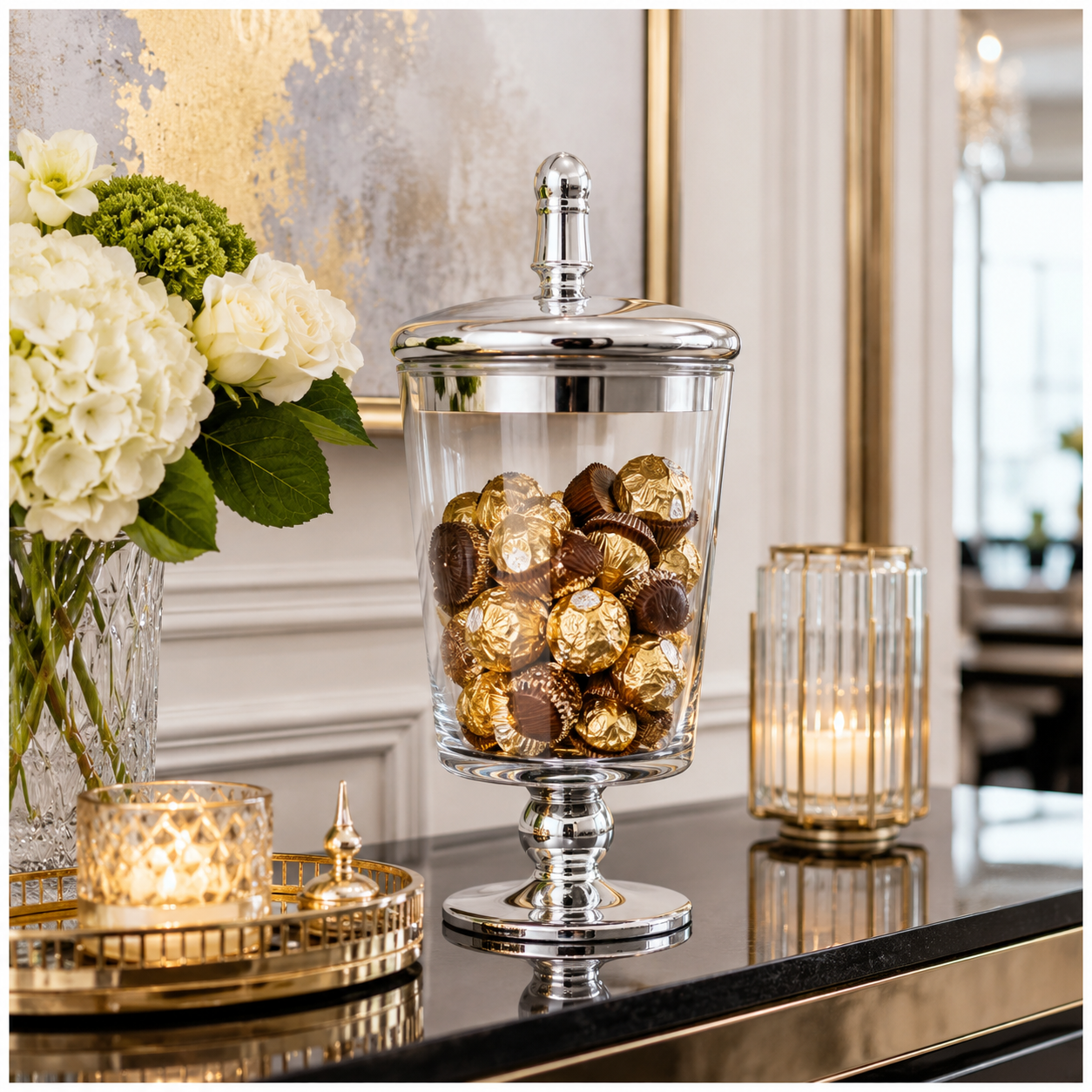 Elegant Decorative Glass Jar with Mirrored Silver Lid and base – 23.5cm