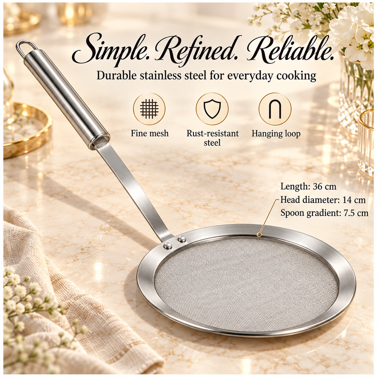 Stainless Steel Fine Mesh Strainer and Skimmer - Long Round Handle Silver
