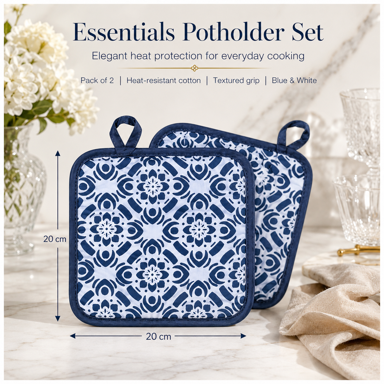 2-Piece Heat-Resistant Cotton Kitchen Potholder Set –Blue and White- 20 cm