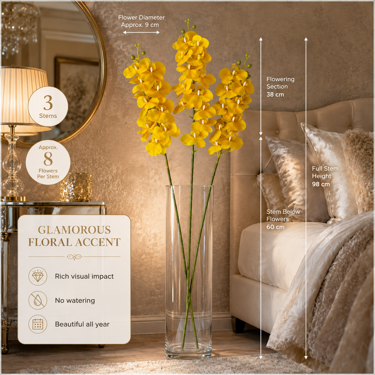 3-Piece Elegant Orchid Flower Stem Set – 98cm Tall, Modern Floral set