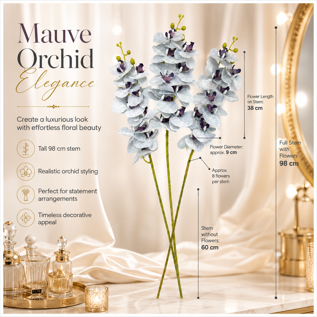 3 Piece Decorative Orchid Stem Set – Beautiful Tall Flowers -98 cm