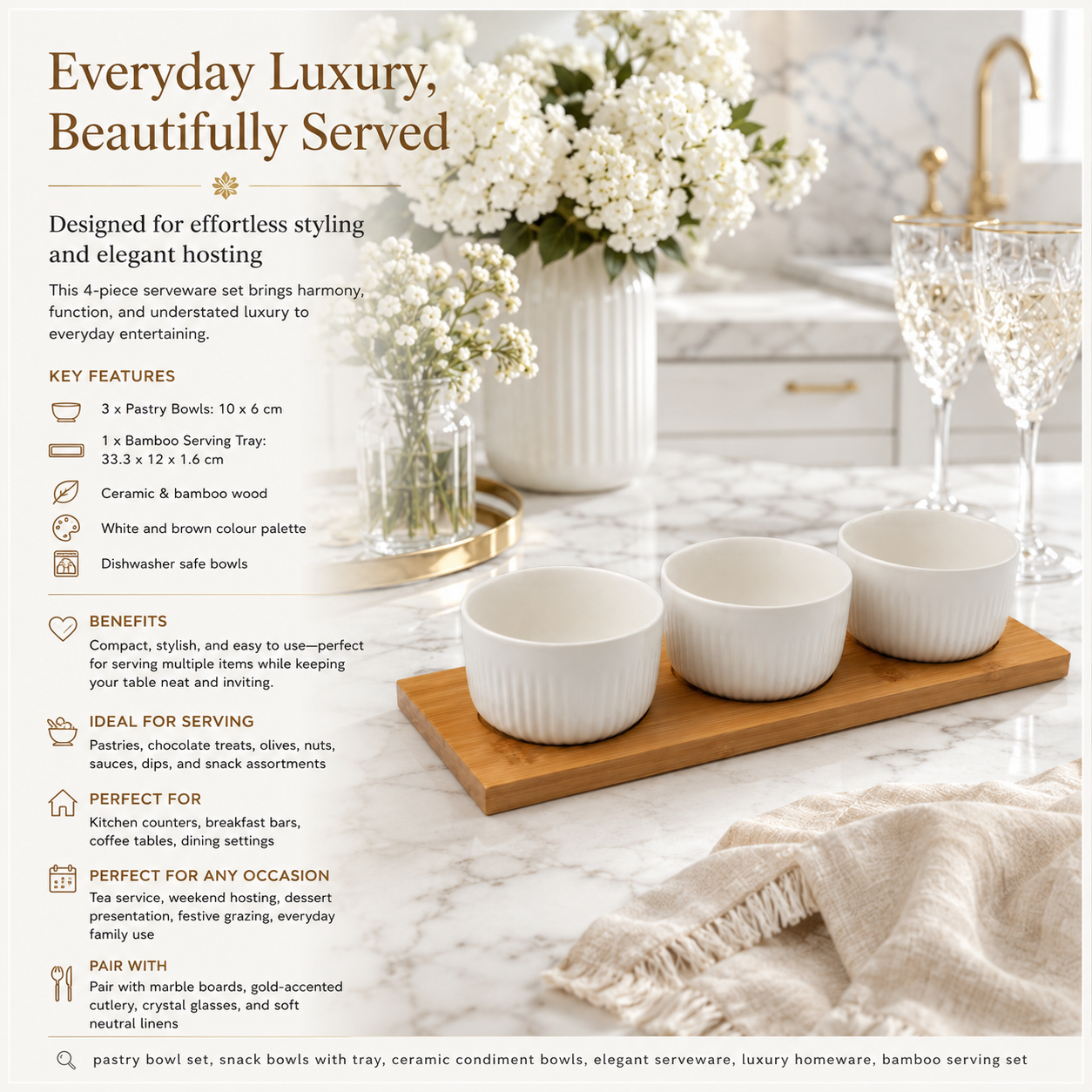 Elegant 4 Piece Bamboo Tray and Ceramic Pastry Bowls -Classic Serveware Set