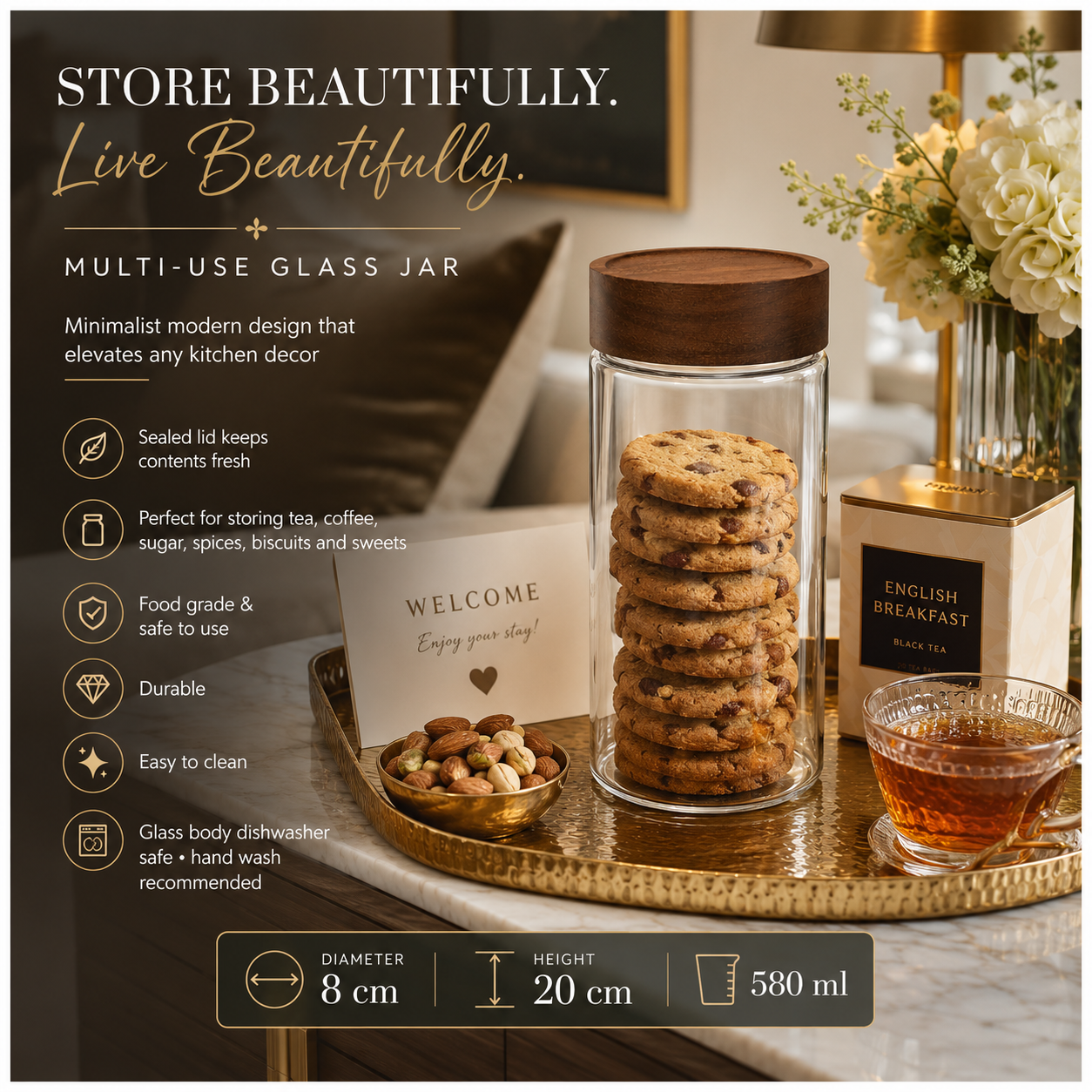 Set of 2 Borosilicate Sealed Glass Jars with Acacia Wood Lids – 580ml Each