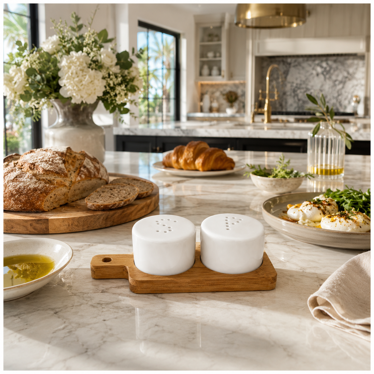 Classic Salt and Pepper Shakers with Bamboo Board – 3 Piece Porcelain Set